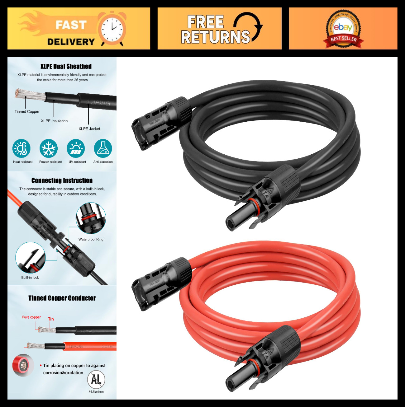 10 AWG Solar Extension Cable 10FT (5FT Black + 5FT Red) Tinned Copper Wire for R