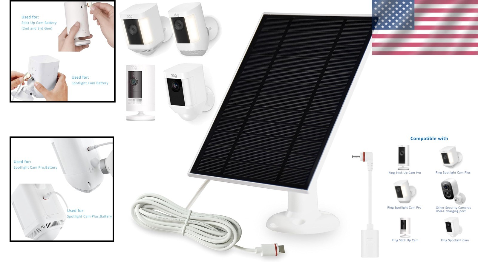 Weatherproof 4W Solar Panel for Ring Security Cameras – 1 Pack with Adapter
