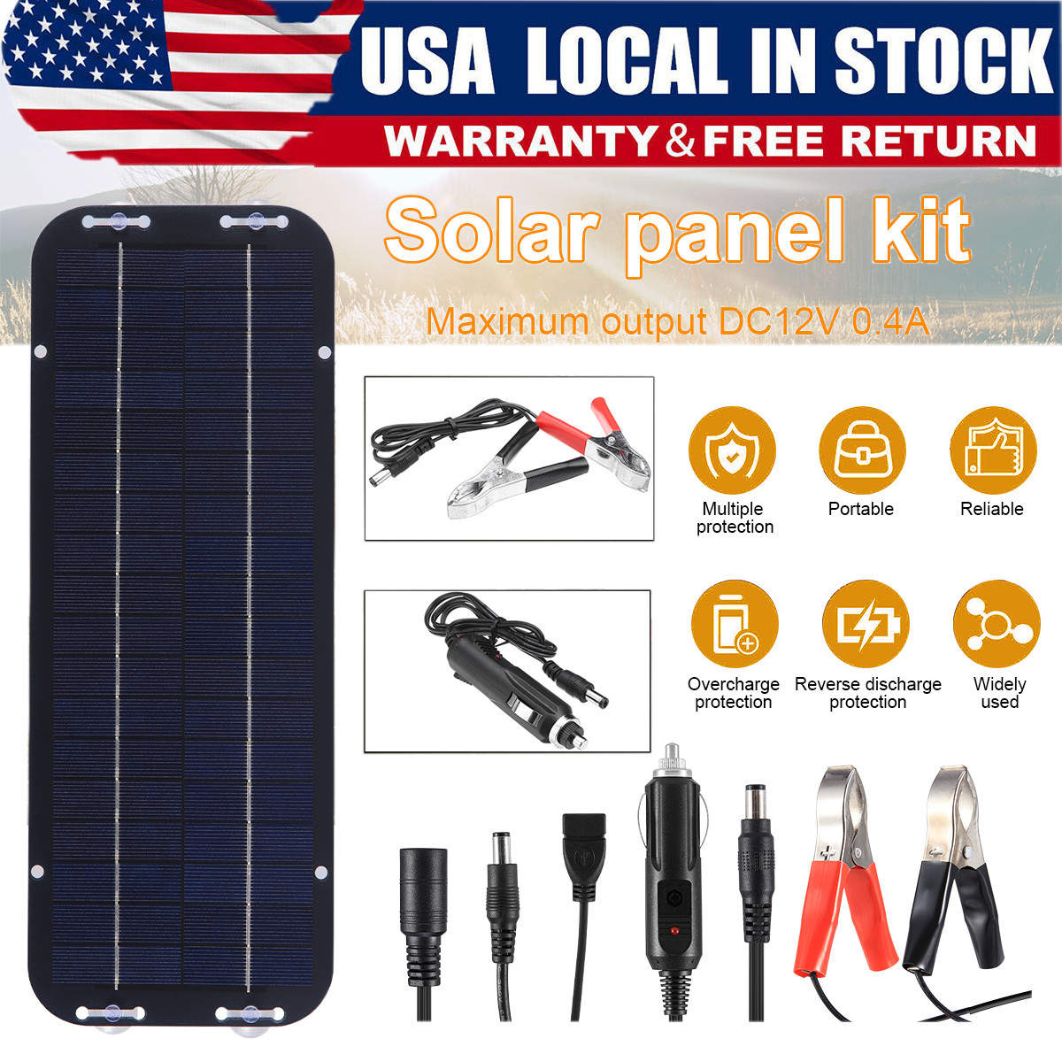 US Stock 30W 12V Solar Panel Trickle Charger Battery Maintainer for Car RV Boat