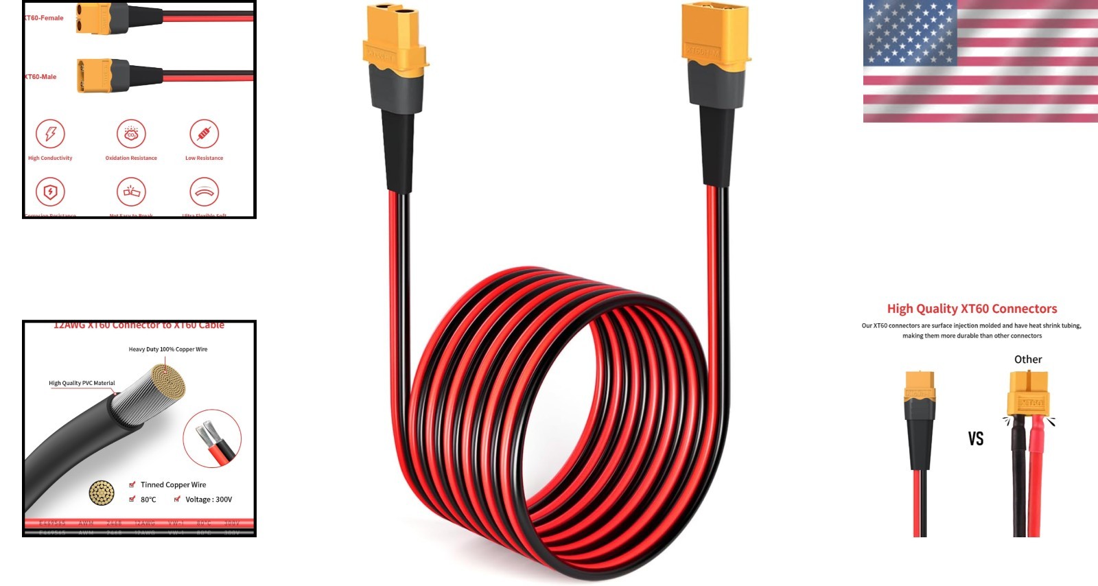 Durable 75ft XT60 Extension Cable: 12AWG Tinned Copper, Wide RC Application