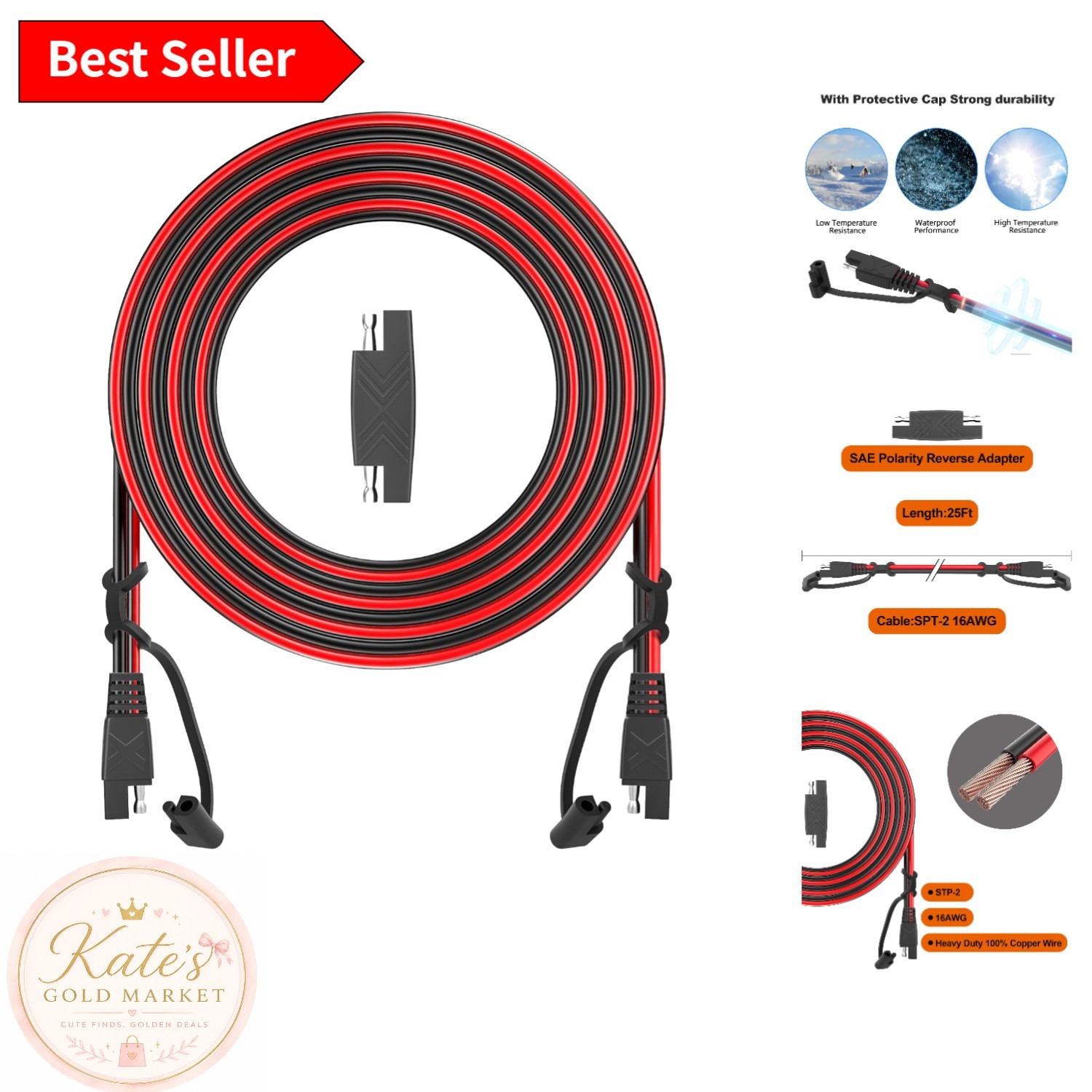 16AWG SAE to SAE Extension Cable 12 Feet – Water-Resistant with Polarity Adapter