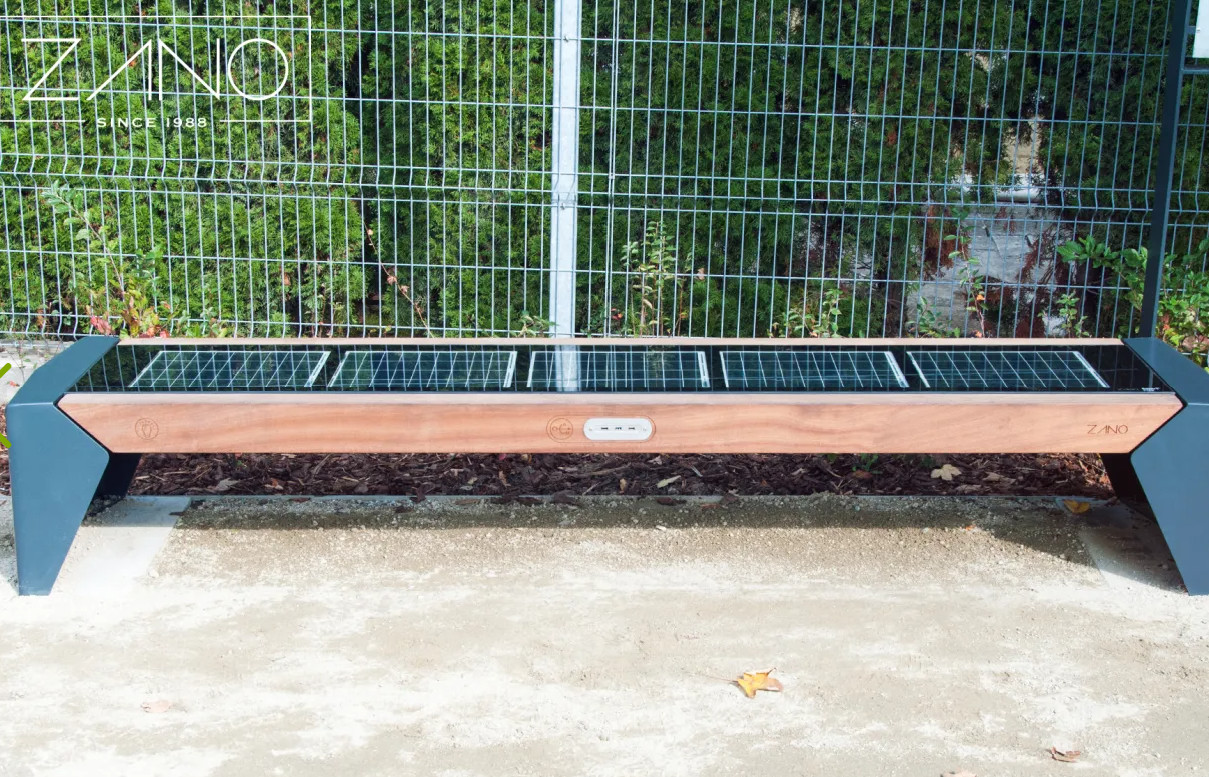 Modern Solar outdoor bench Photon. WIFI, lighting & charging station. USB ports