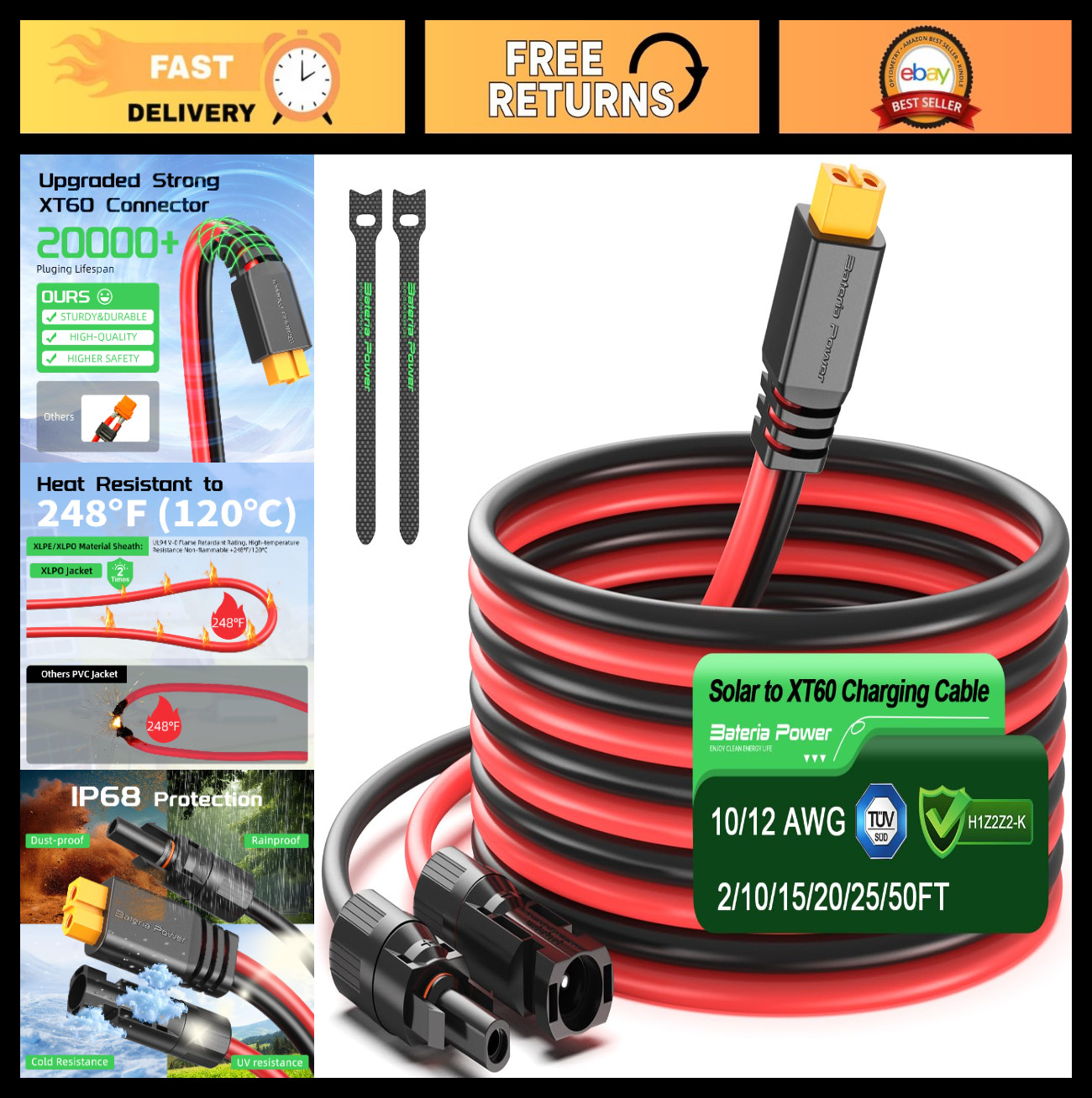 10FT Solar XT60 Extension Cable 12AWG Connector for Power Station, RV & Generato