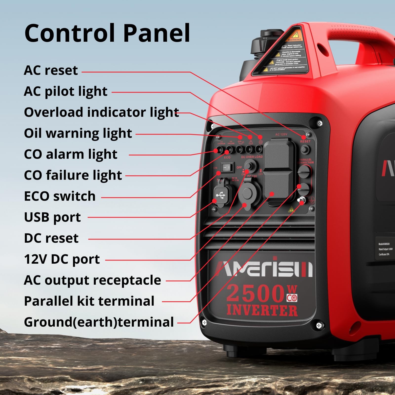 AMERISUN 2500W Portable Inverter Generator, Gas Powered Generator with CO Sen…