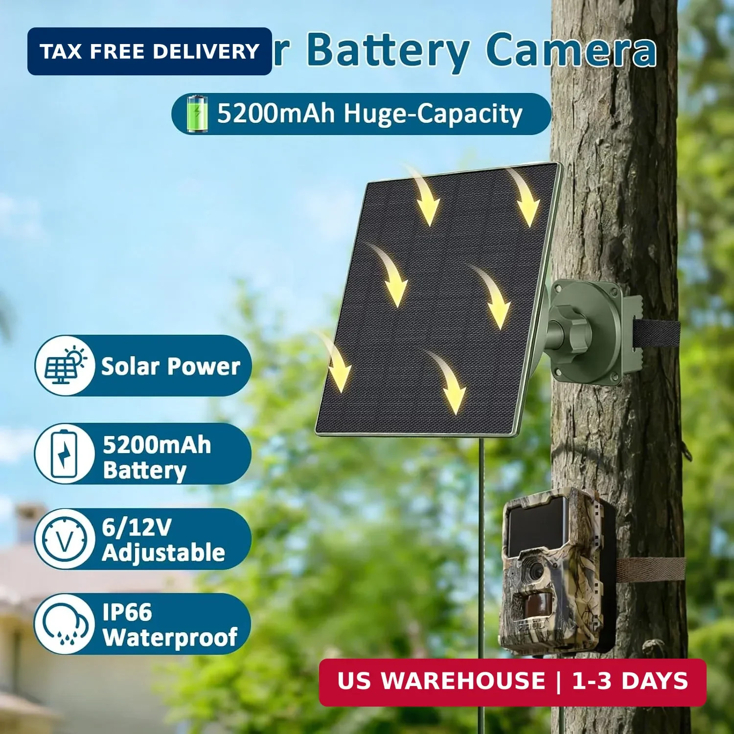 Zivif Solar Panel for Trail Camera, 5W Solar Charger Built-in 5200mAh Rechargeab