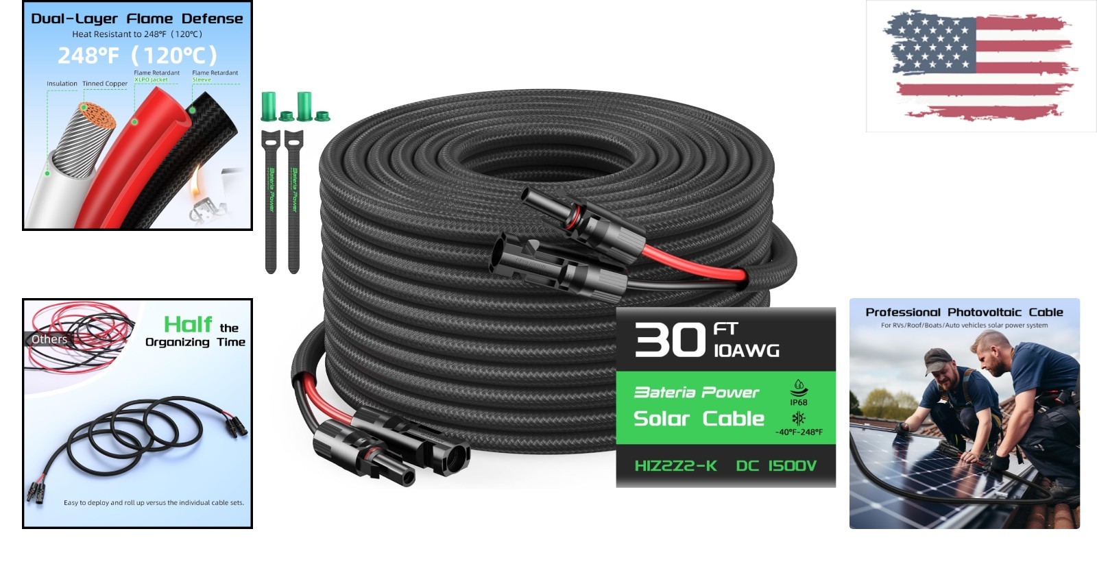 Flame Retardant 30FT 10AWG Solar Cable with Weatherproof Connectors & Sleeving