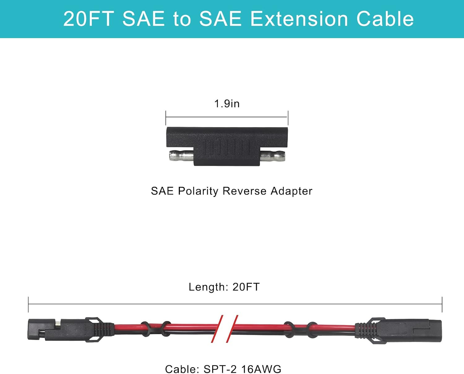 SAE to SAE Extension Cable 16AWG – 20FT SAE Cable Battery Charger Extension Cord