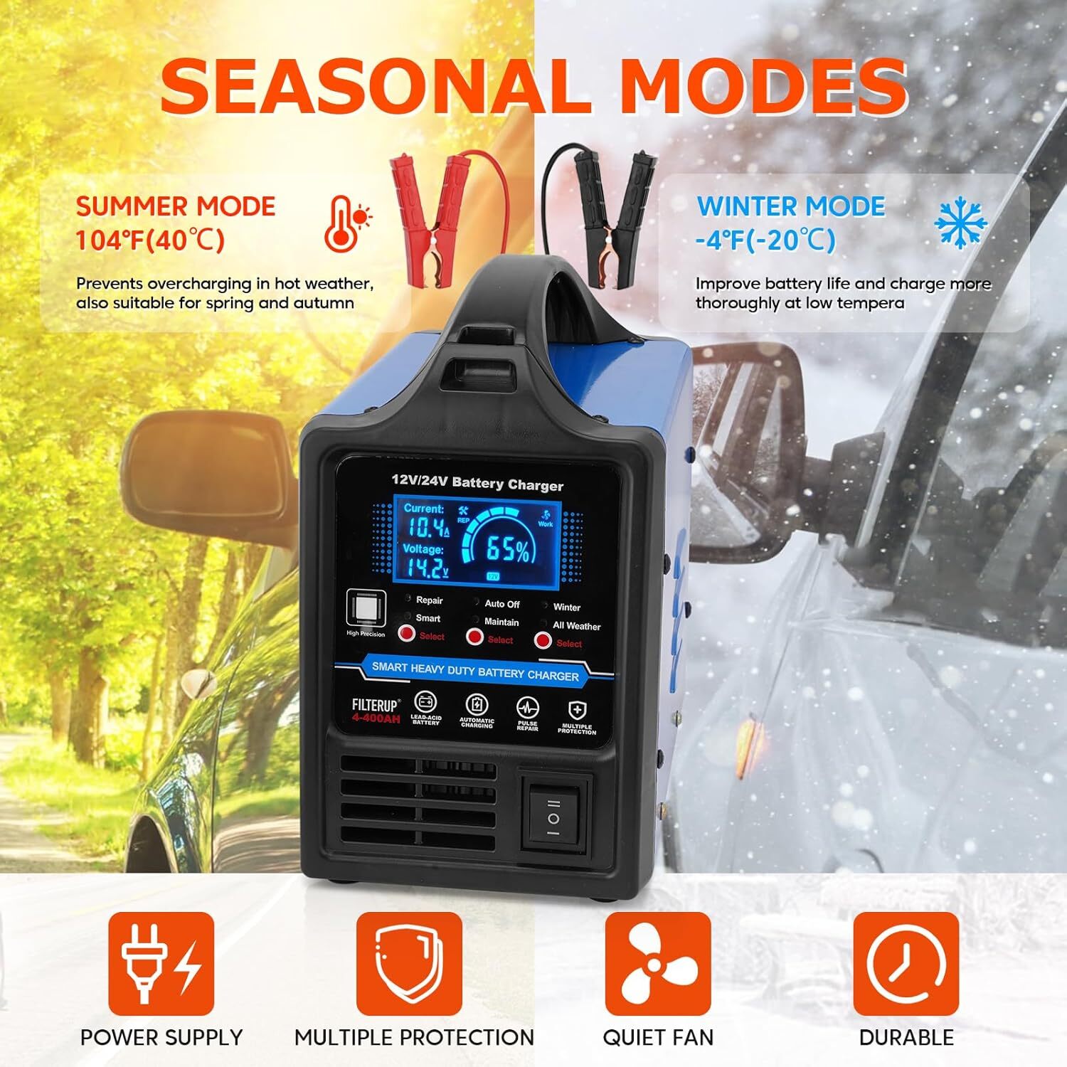 12V 24V Lead-Acid Battery Charger Heavy Duty, 0-15A Smart Automatic Battery