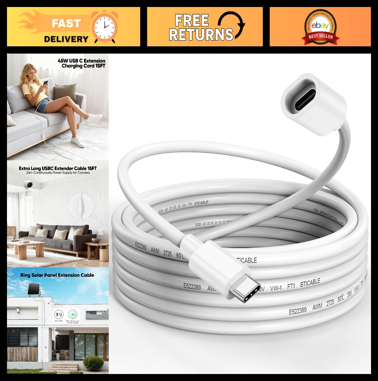 15FT USB-C Extension Cable – Waterproof Male to Female Charger for Solar Panels,