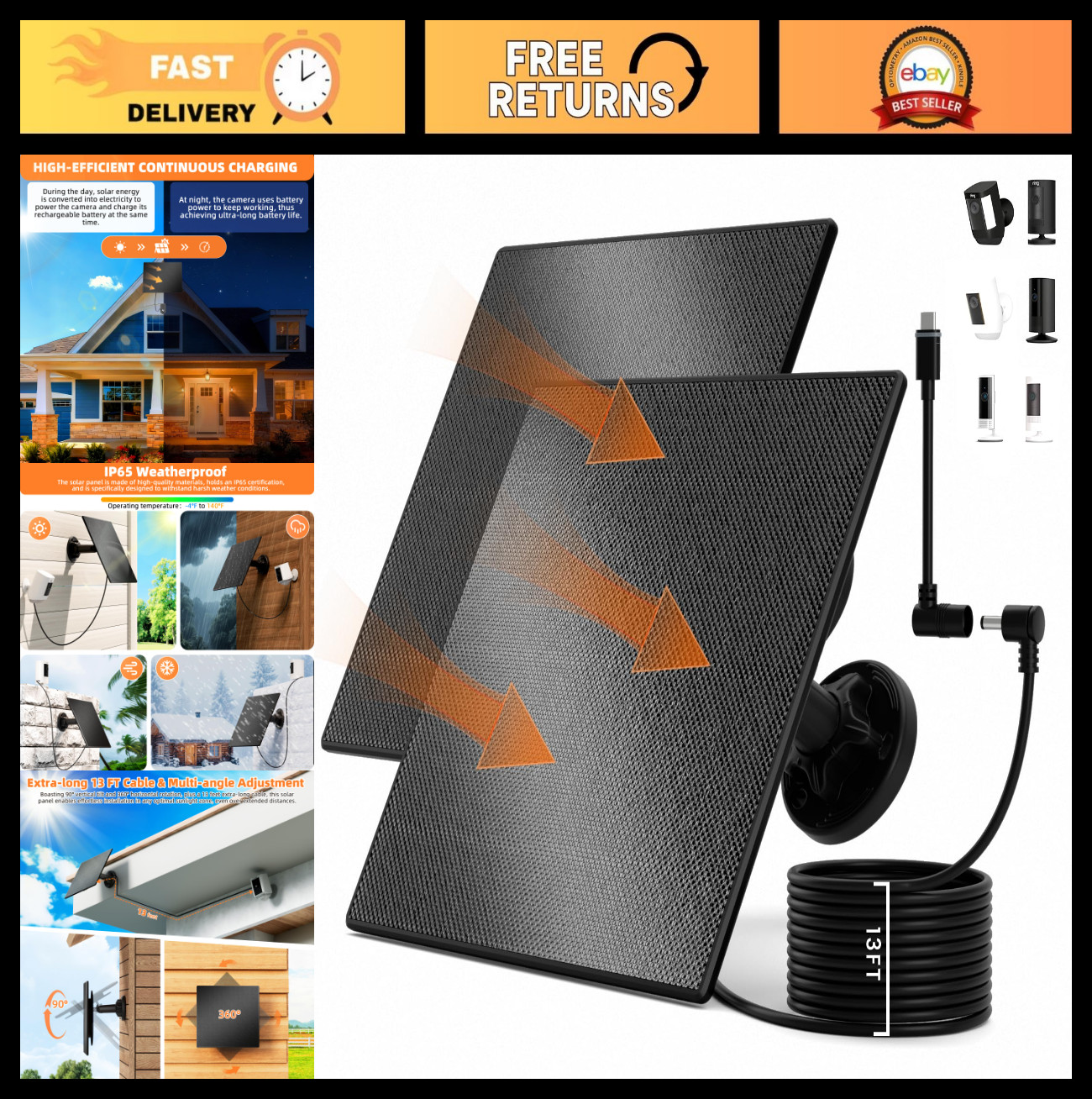 2 Pack 5W Solar Panel for Ring Camera – Compatible with Spotlight & Stick Up Cam