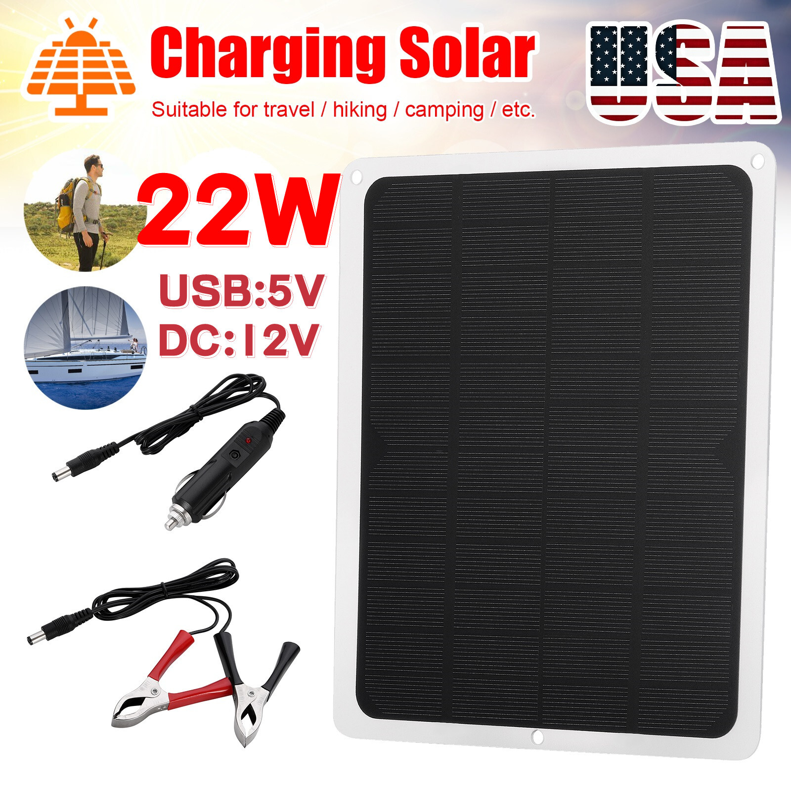 22W Waterproof Solar Panel 12V Trickle Battery Charger Kit Maintainer Boat Car