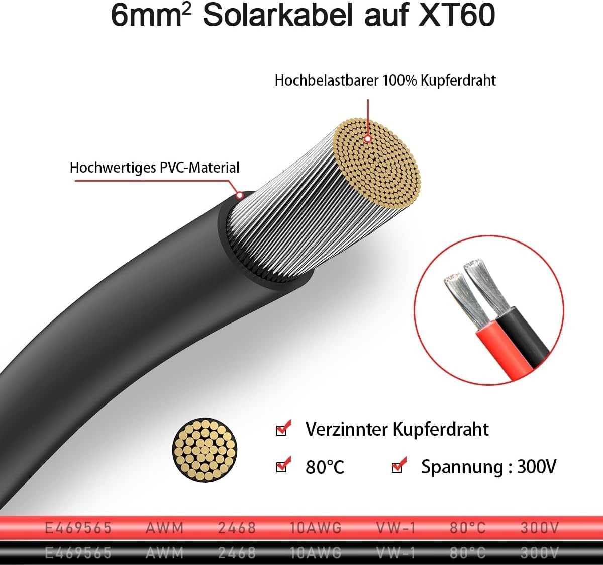 10AWG 2FT XT60 Solar Cable Male-to-Female Waterproof Connector for Power
