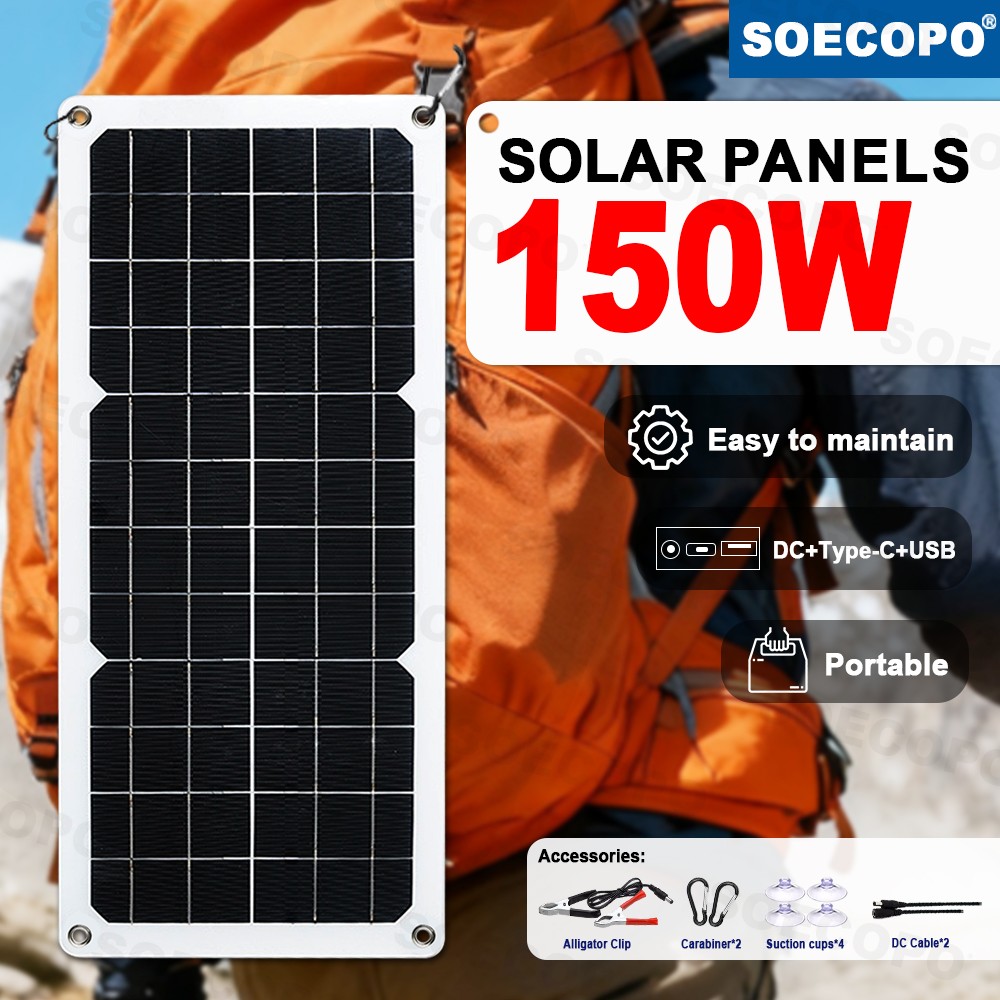 SOECOPO 150W Monocrystalline Solar Panel with USB/Type-C/DC Triple Output