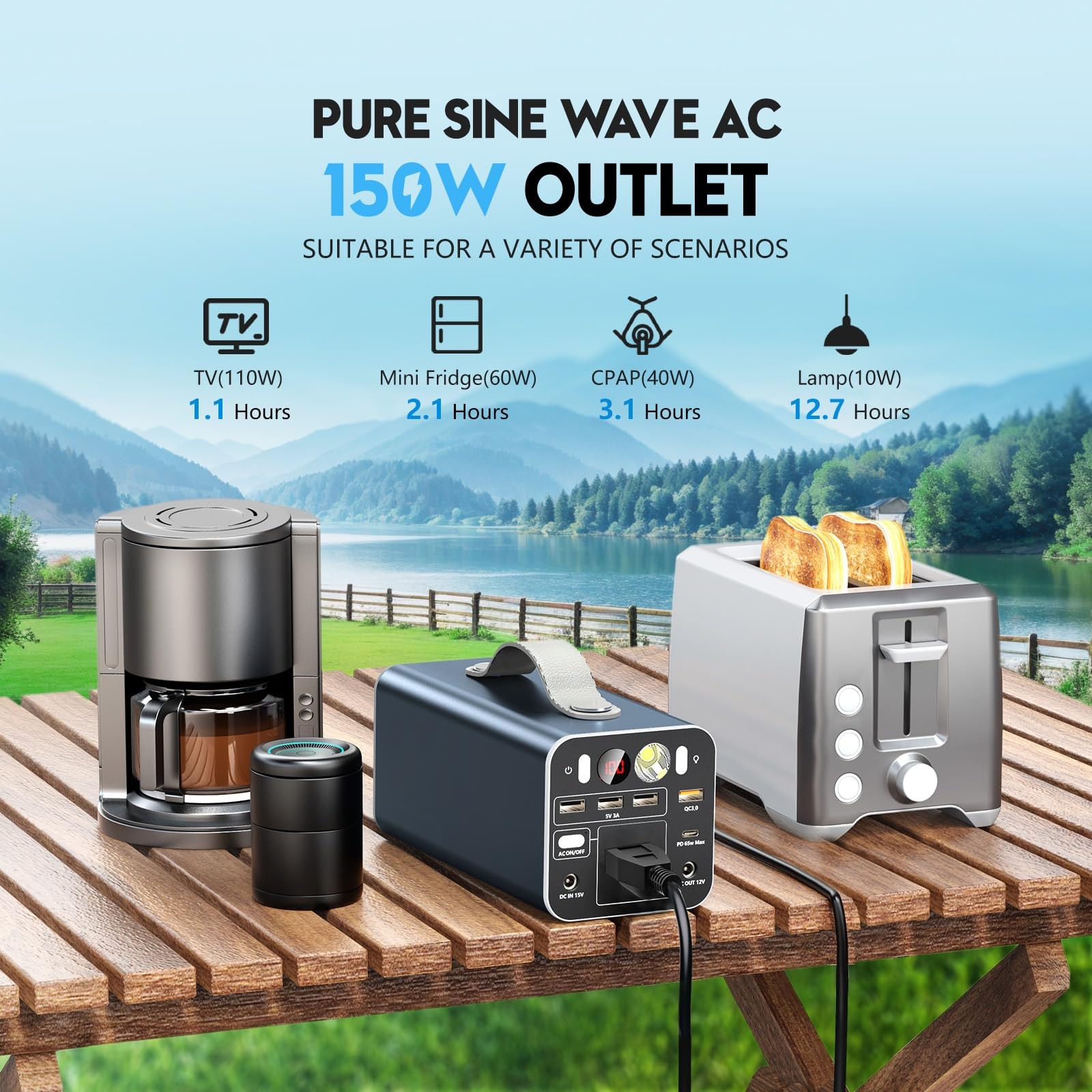 150W Portable Power Station, 155.4Wh Portable Laptop Charger with AC Outlet, …