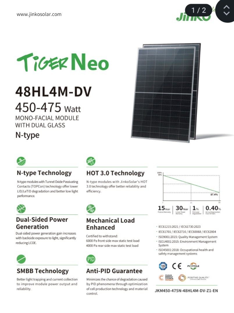 Jinko Tiger Neo 48HL4M-DV 470W Monocrystalline Solar Panel | Full Pallet Of 36