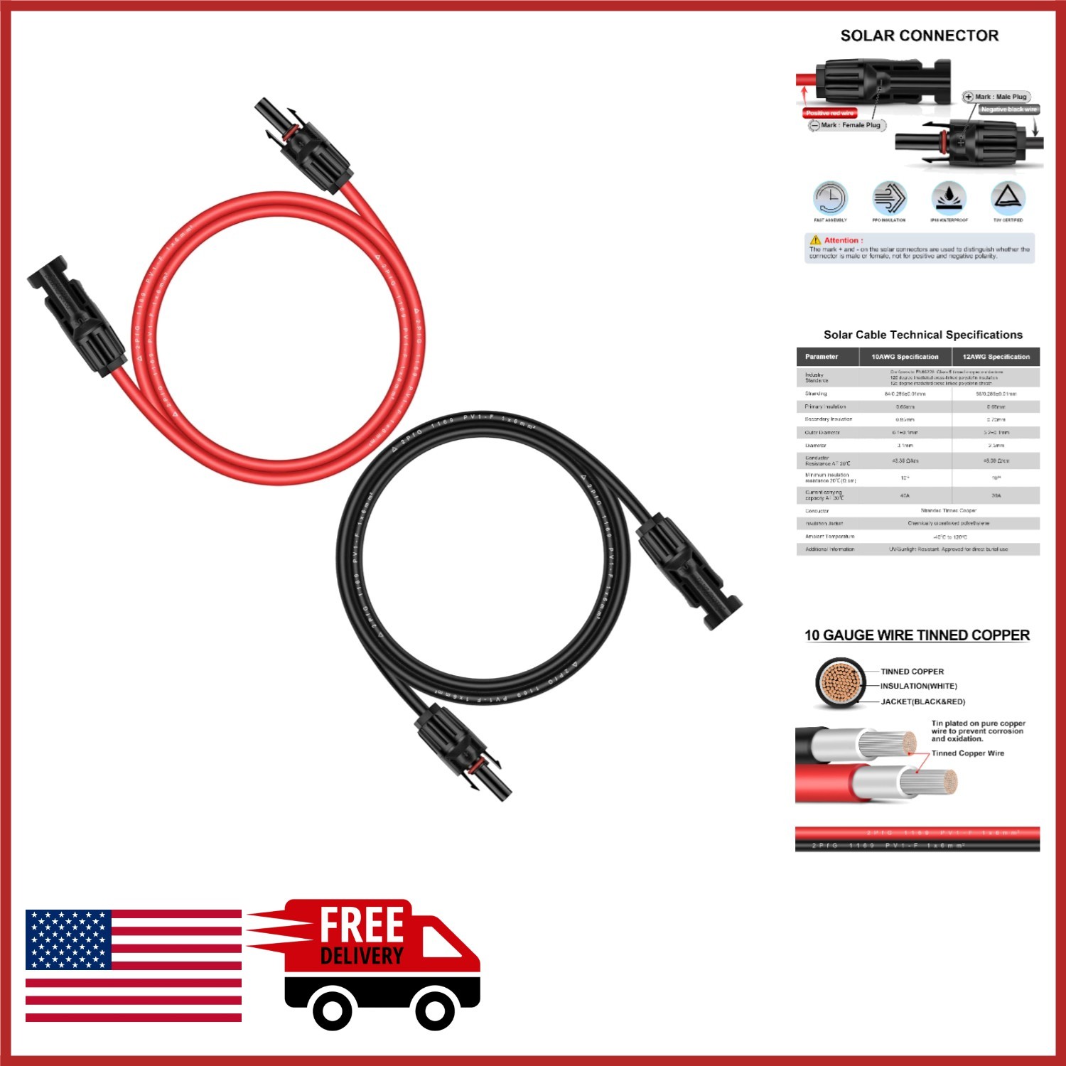 Weatherproof 6ft Solar Panel Extension Cable 10AWG with Male-Female Connectors
