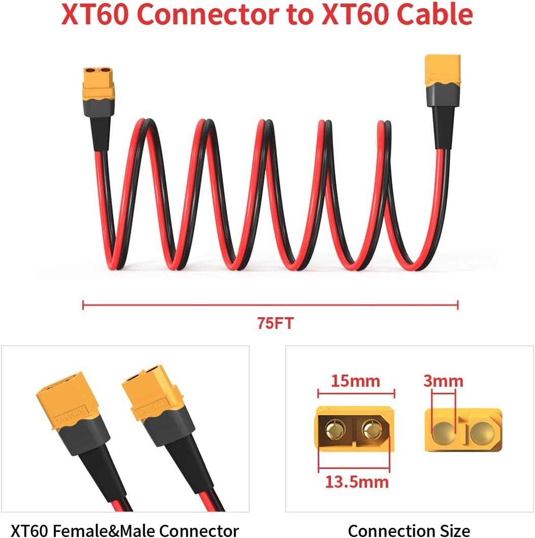 Durable 75ft XT60 Extension Cable: 12AWG Tinned Copper, Wide RC Application