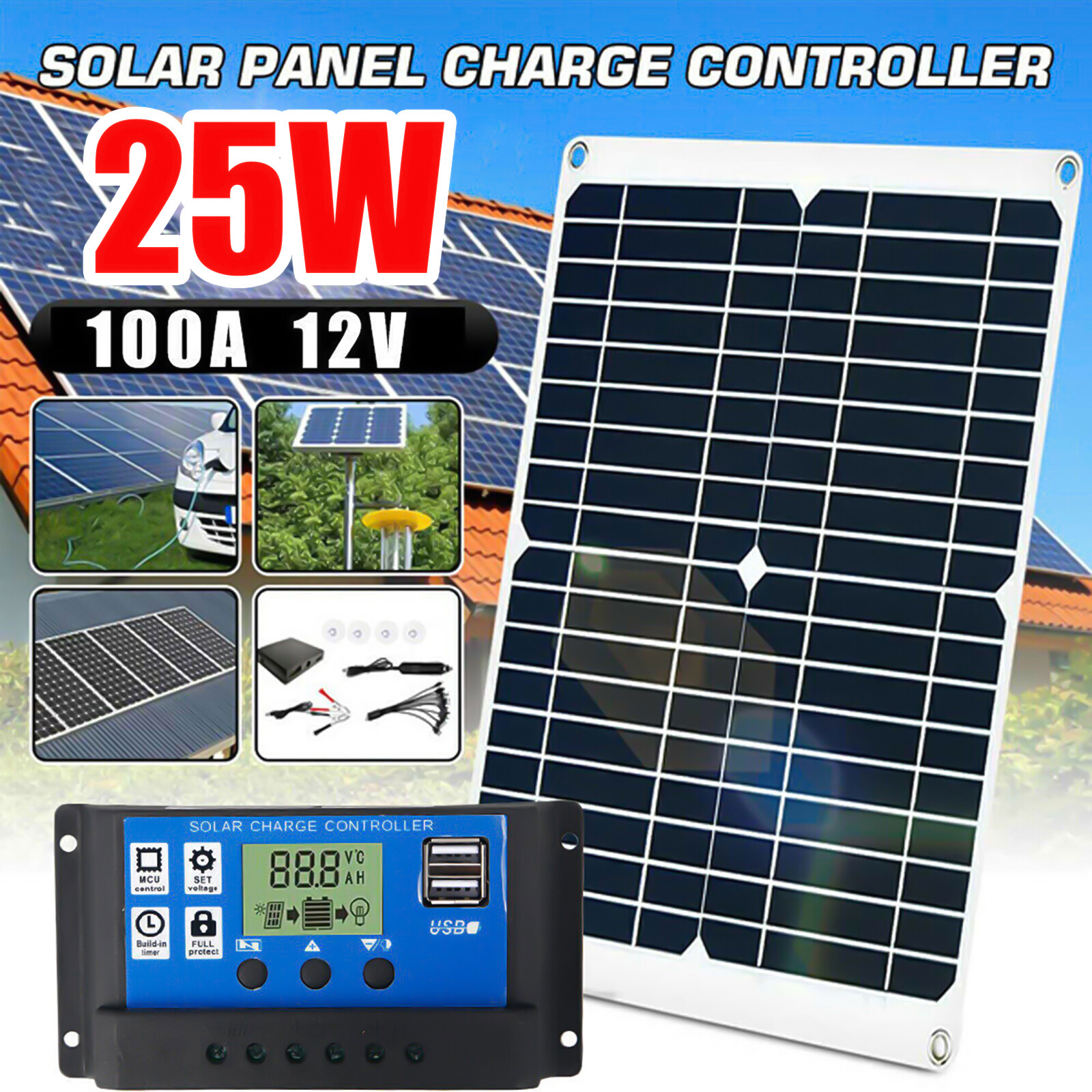 200W Solar Panel Kit with 100A 12V Battery Charger Controller Caravan Boat Car