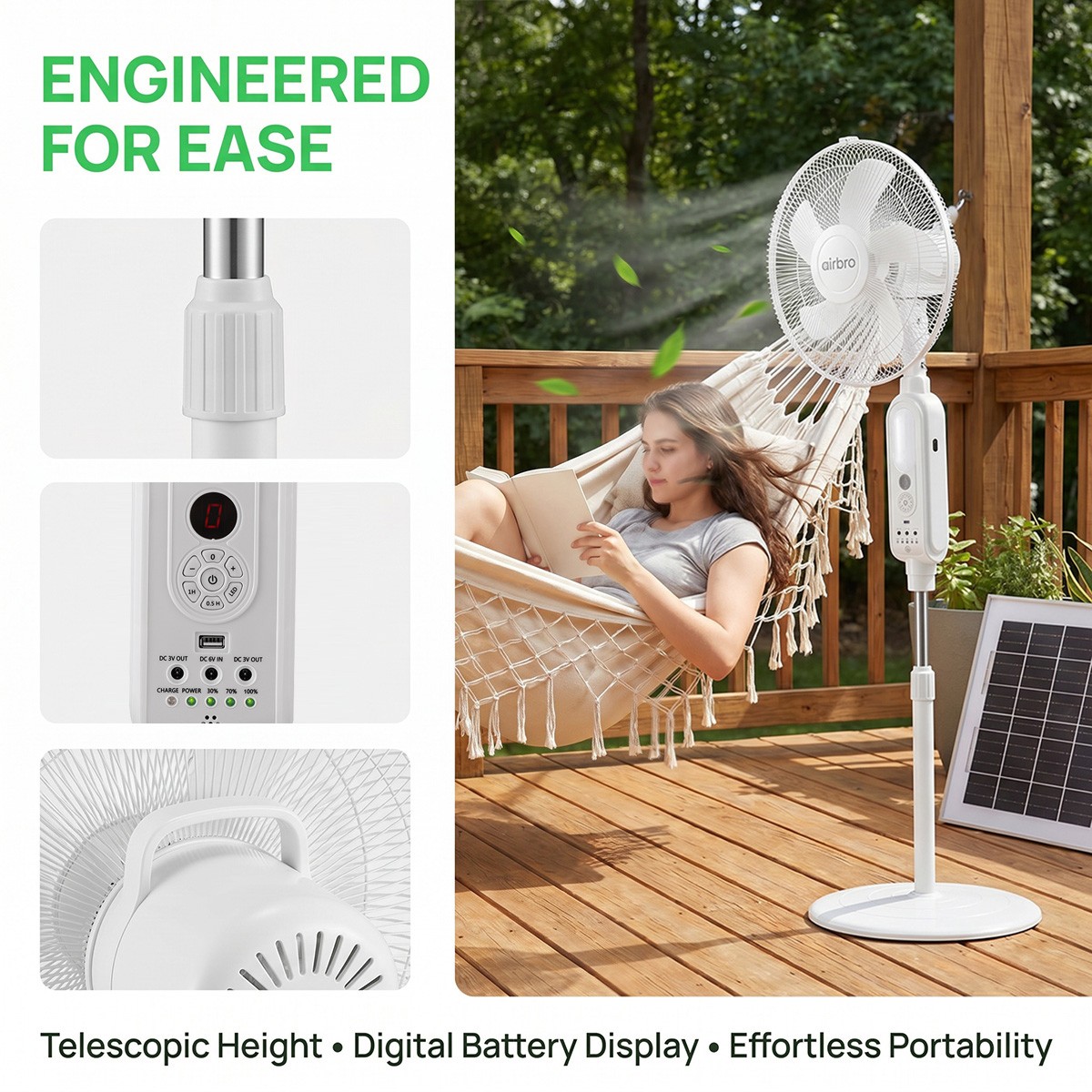 16″ Rechargeable Floor Standing Fan + 2PCS LED Bulbs w/ Remote AC & Solar Charge