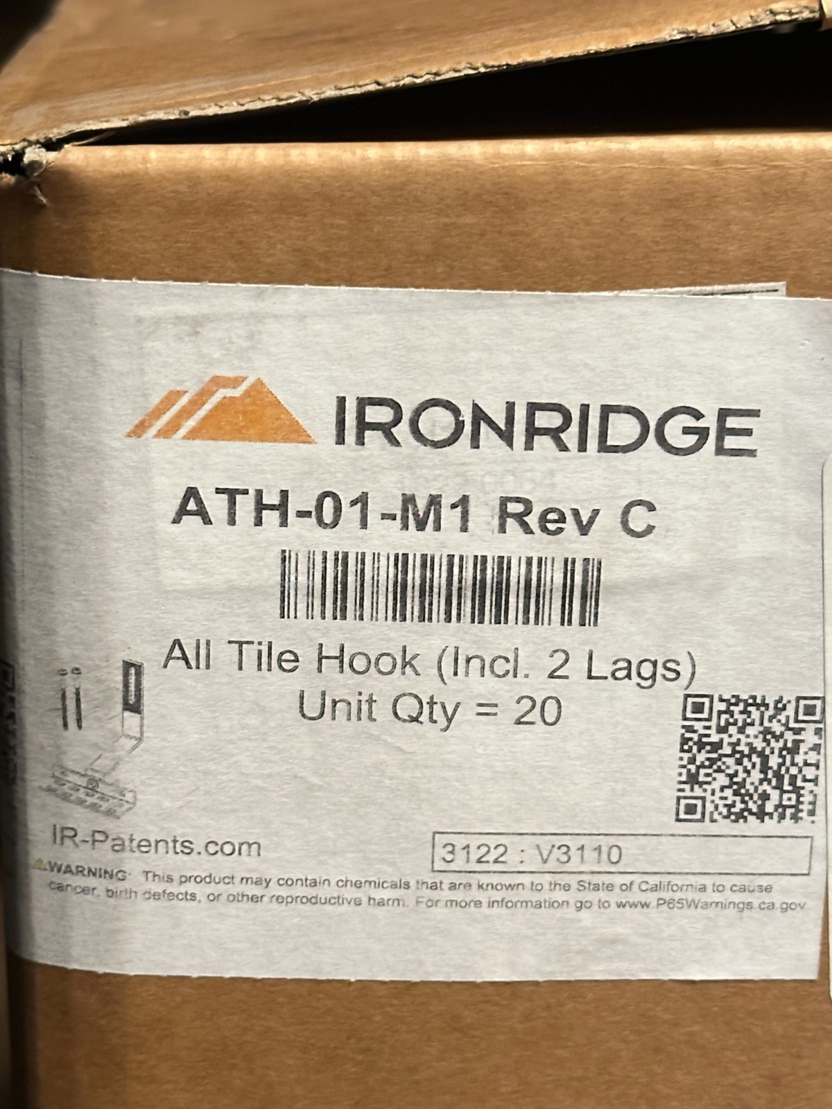 NEW Case of 20 IRONRIDGE ATH-01-M1 All Tile Hook Side Mount w/ lag bolts, LOT