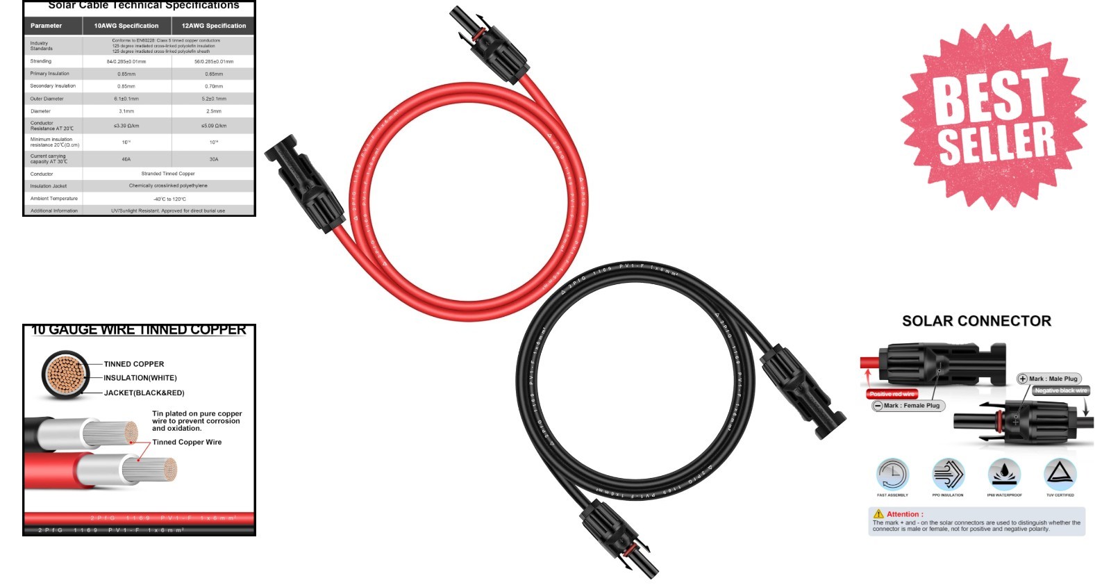 6ft UV Resistant Solar Panel Extension Cable – 10AWG Copper Wire, Weatherproof