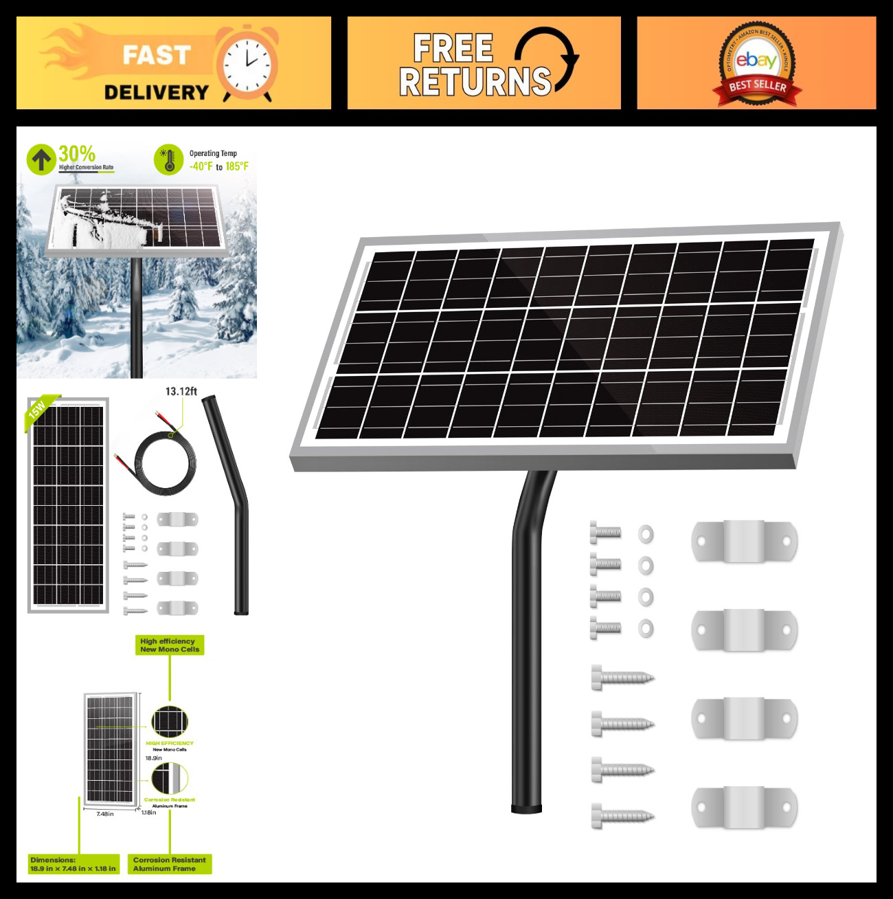 15W 12V Solar Panel for Automatic Gate Openers, Charger Kit & Mounting Tools