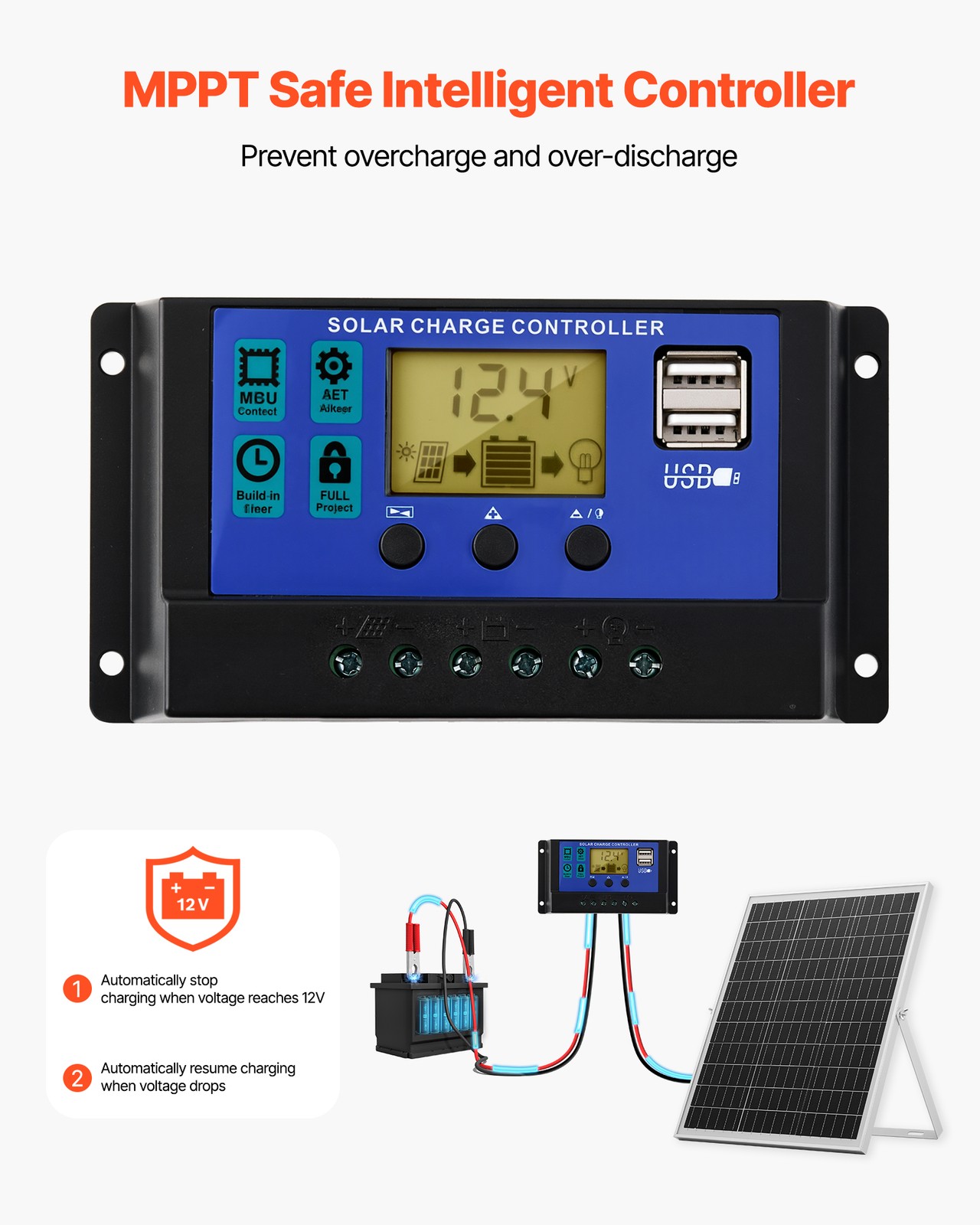 VEVOR Solar Battery Trickle Charger Maintainer 25W 12V with MPPT Controller