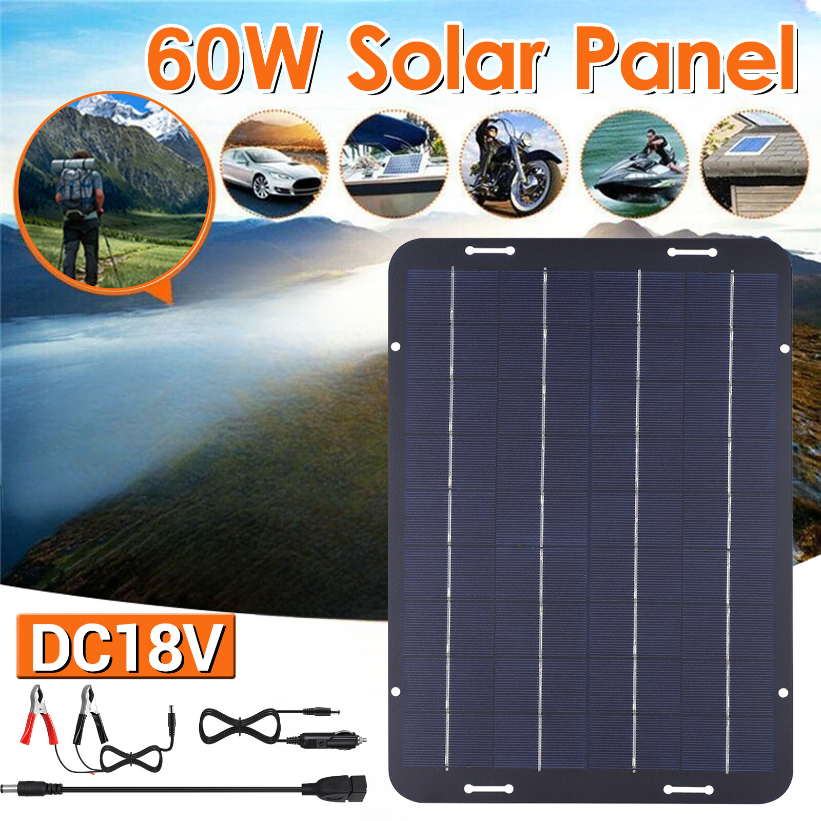 60W Solar Panel 18V Trickle Charger Battery Charger Kit Maintainer Boat Car RV