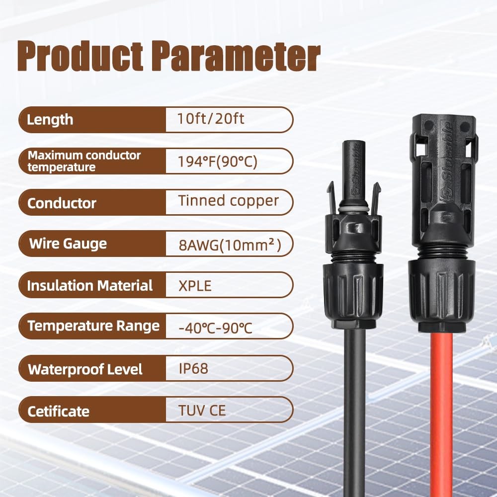 8AWG Solar Panel Extension Cable 30FT, 1500V 70A Solar Wire with IP68 Male an…