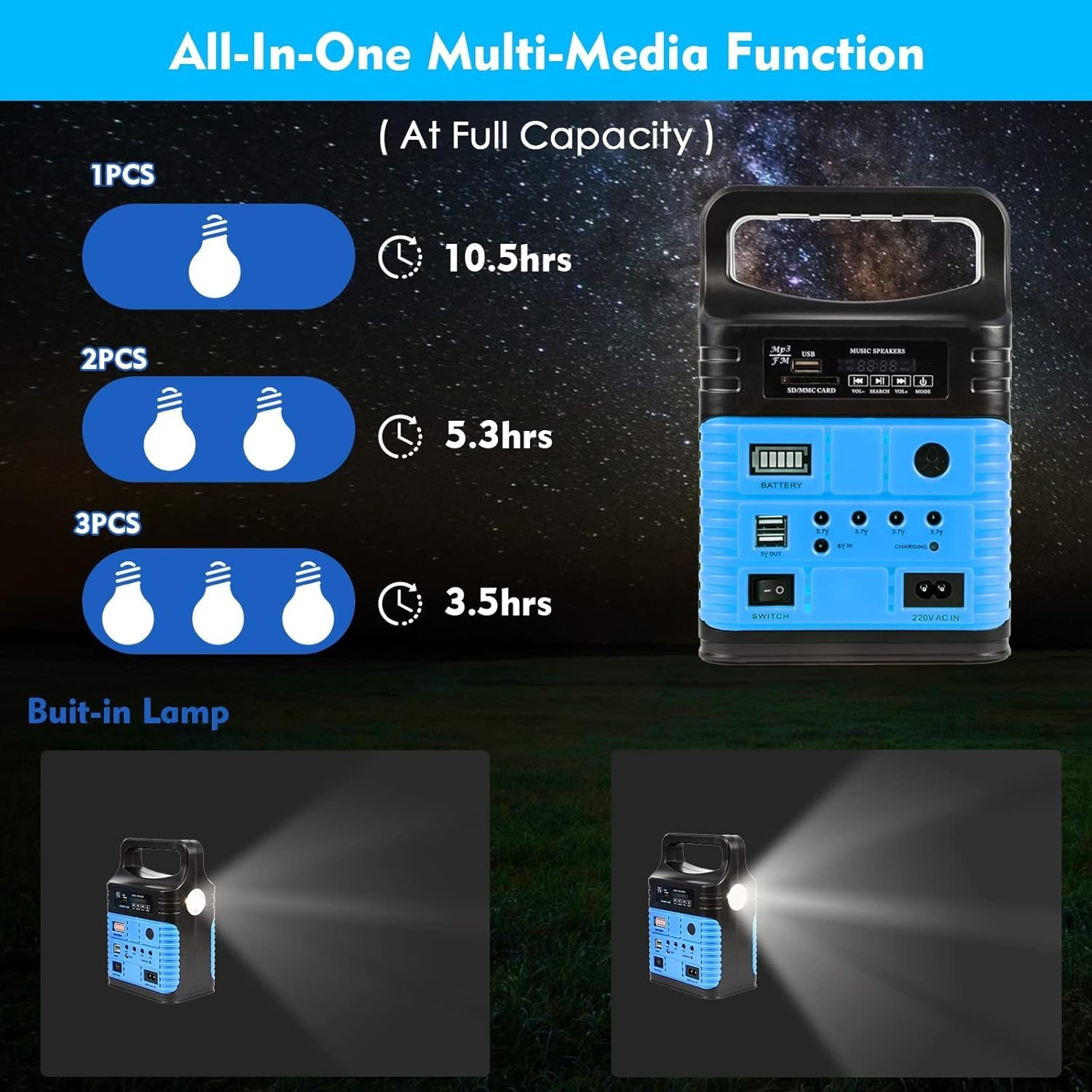 All-in-One Compact Solar Generator with 10W Output & LED Flashlight for Camping