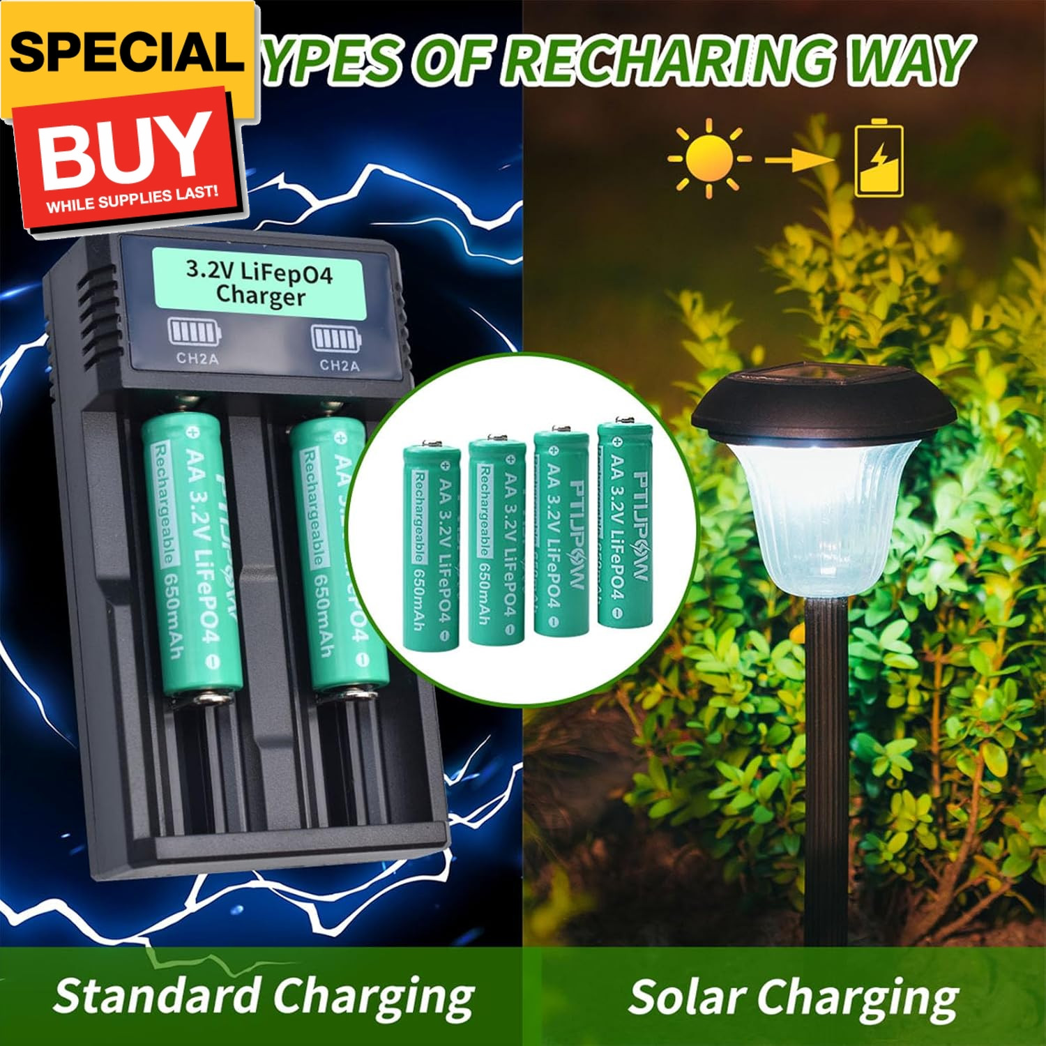 AA 3.2V LiFePo4 650mAh Solar Battery, AA 3.2V Lithium Iron Phosphate Rechargeabl
