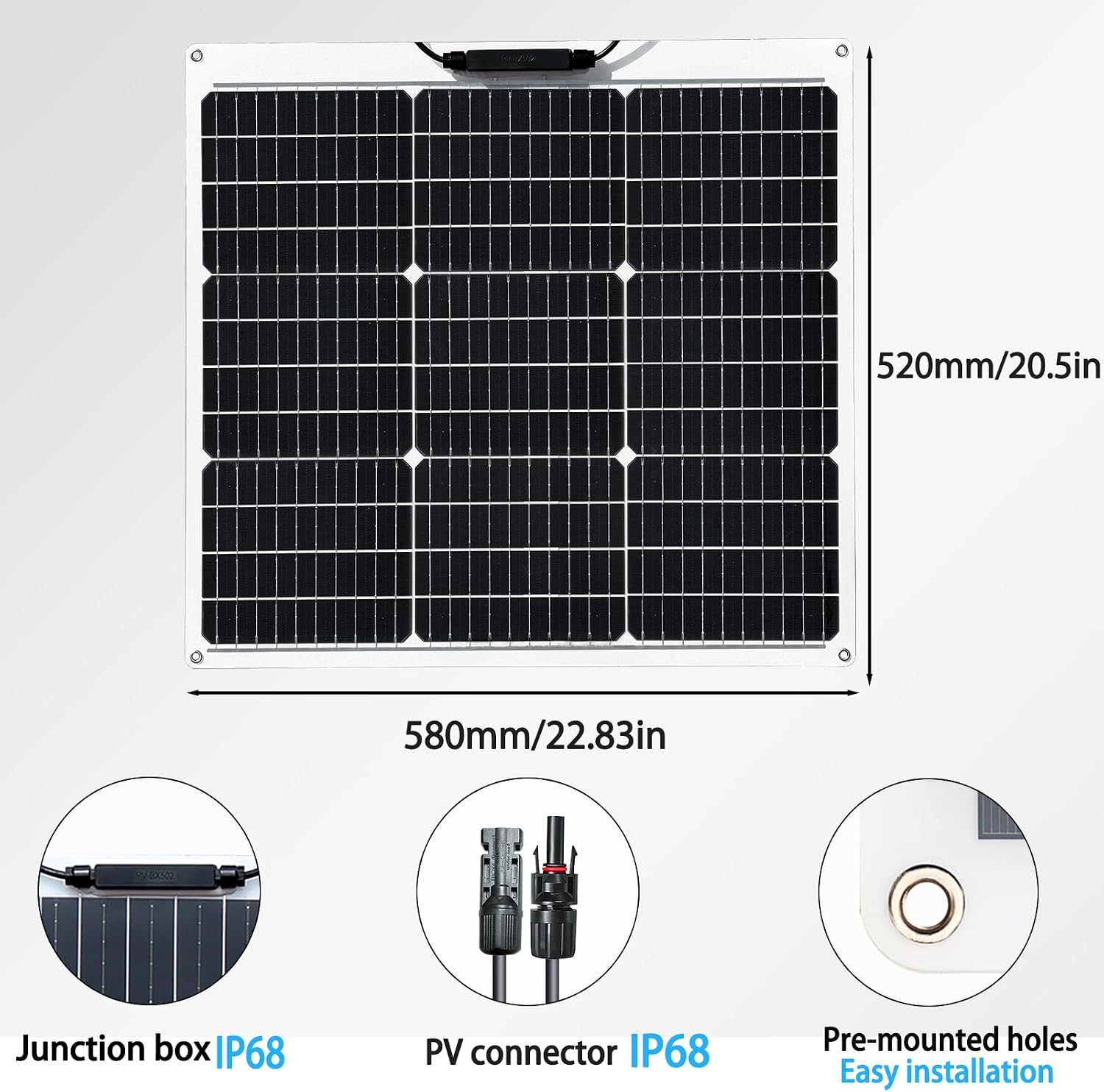 Flexible Solar Panel 50W 12V Monocrystalline Module Fiberglass Lightweight Charg