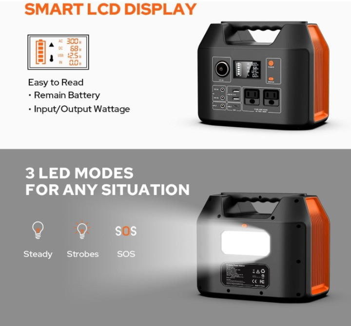 Estación portátil 300W con batería 296Wh y salida AC para camping y emergencia