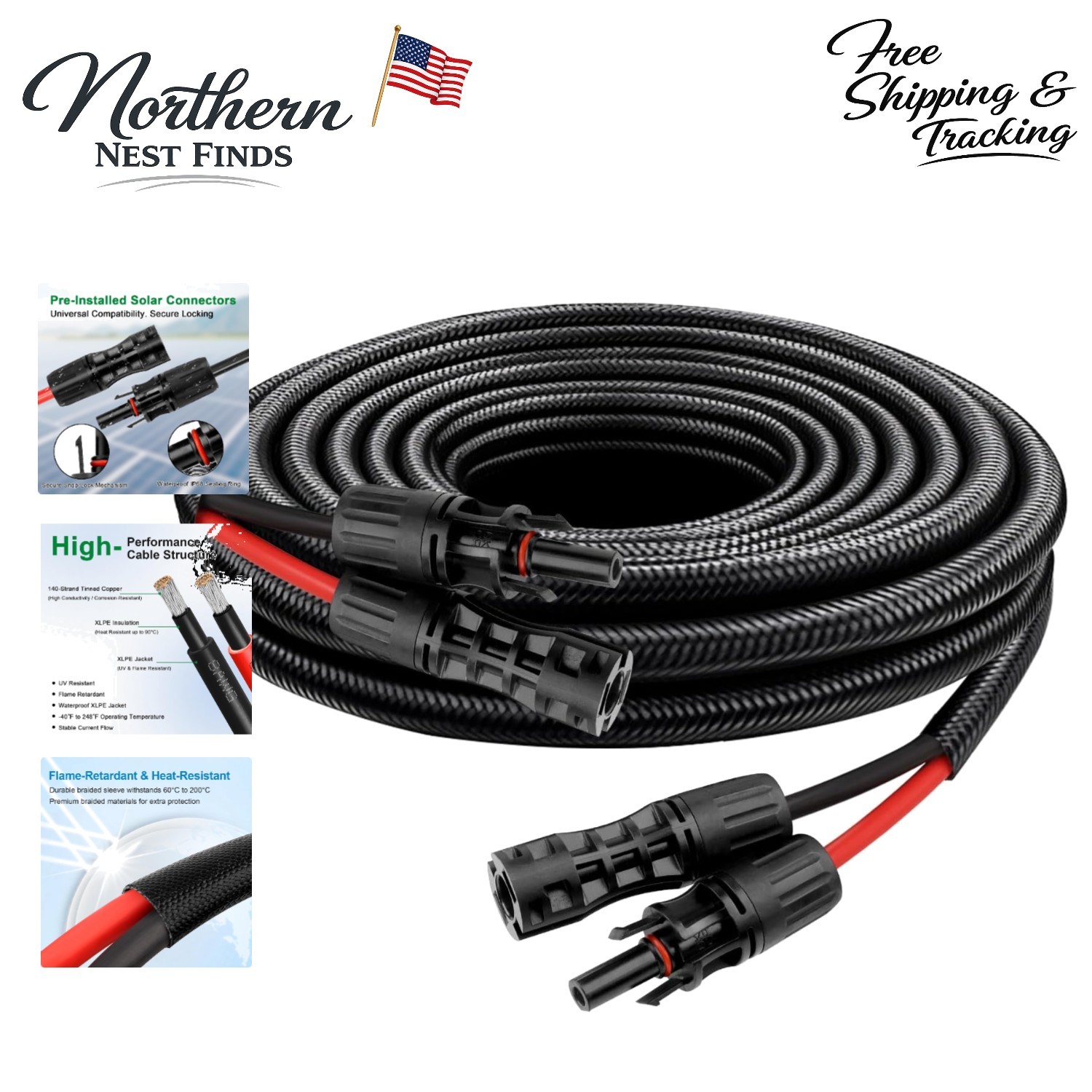 6FT Protected Solar Panel Cable 8AWG – Flame-Retardant, Weather Resistant Design