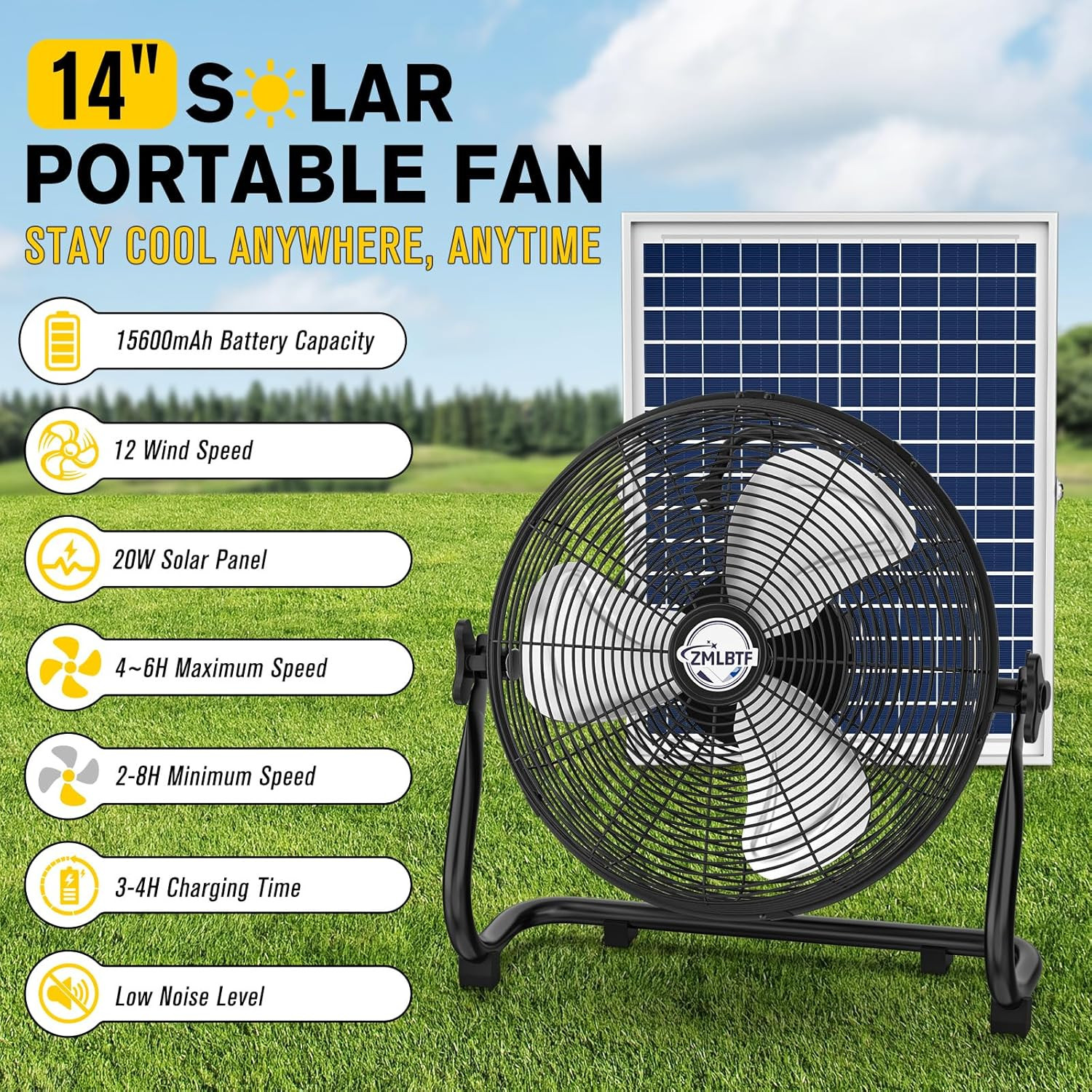 14″ Solar Powered Fan with 20W Solar Panel & Rechargeable Battery, Portable, Qui
