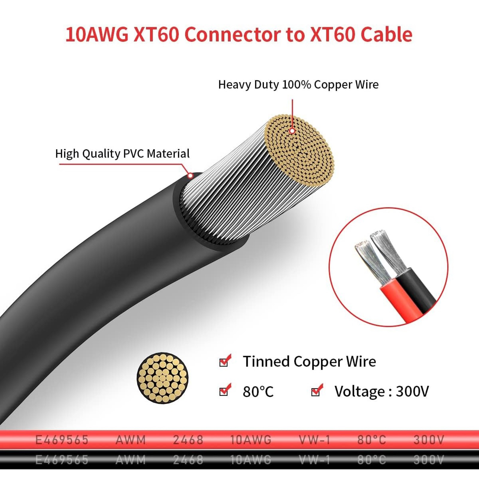 10 AWG XT60 Female Male Connector Adapter Solar Extension Cable RC Battery Cable
