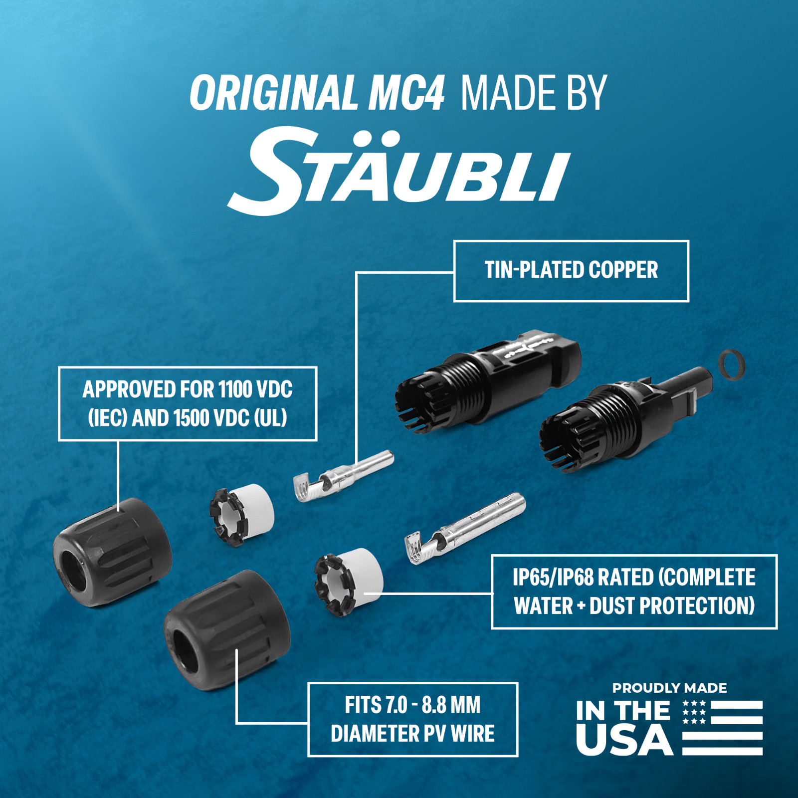 Staubli MC4 PV Solar Panel Cable Connector Pair for 8 AWG – Made in USA