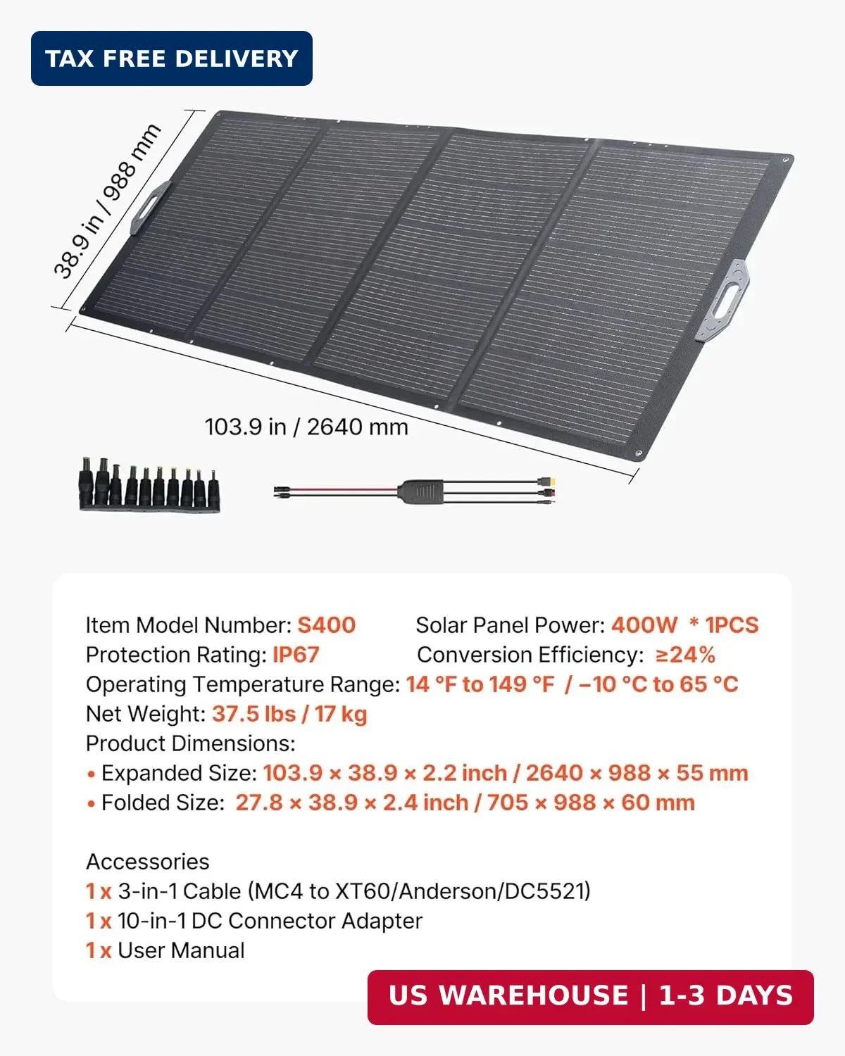 VEVOR 400W Foldable Solar Panel, 24% High-Efficiency Portable Monocrystalline So