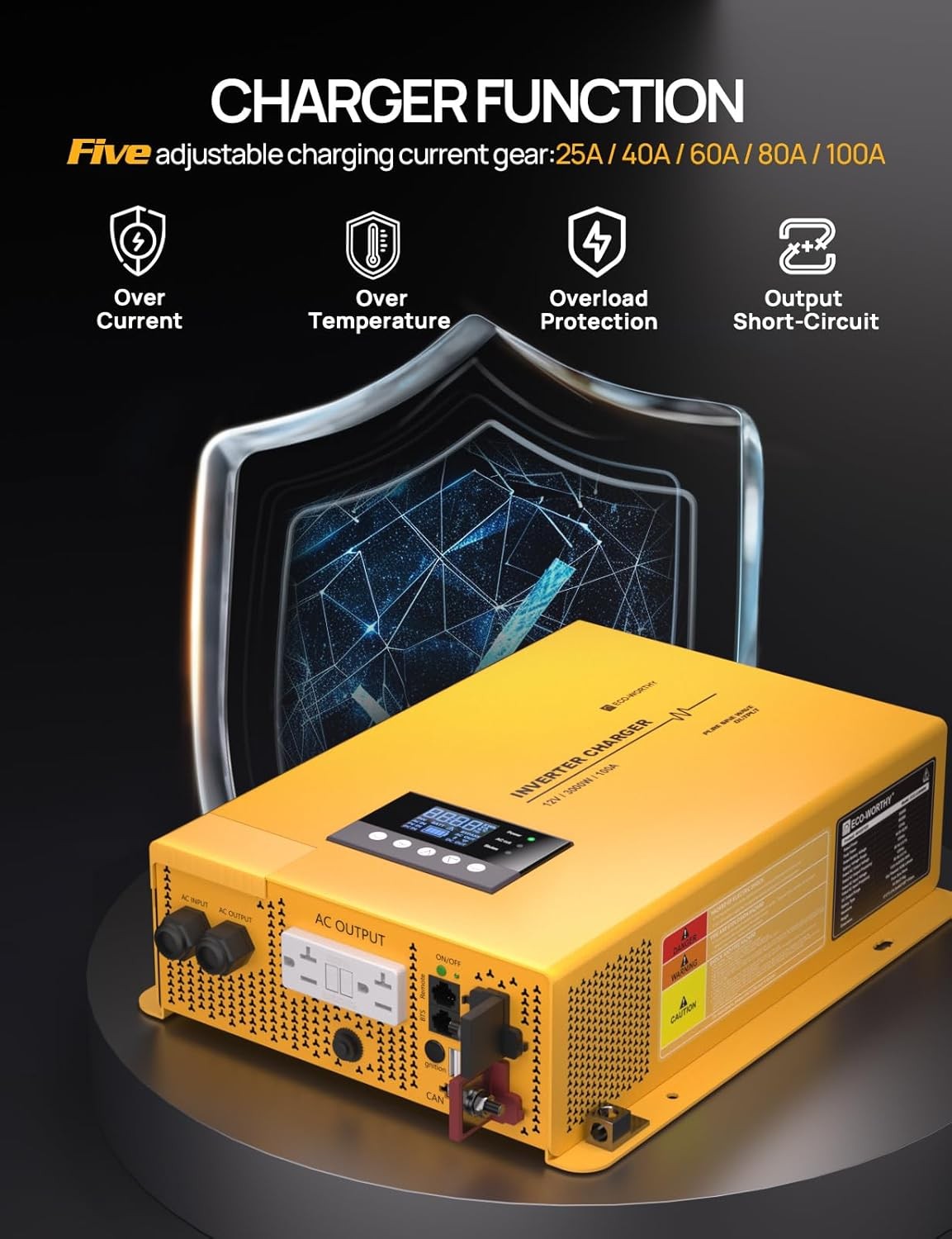 ECO-WORTHY 3000W 12V Pure Sine Wave Inverter Charger,12V DC to 120V AC Converter