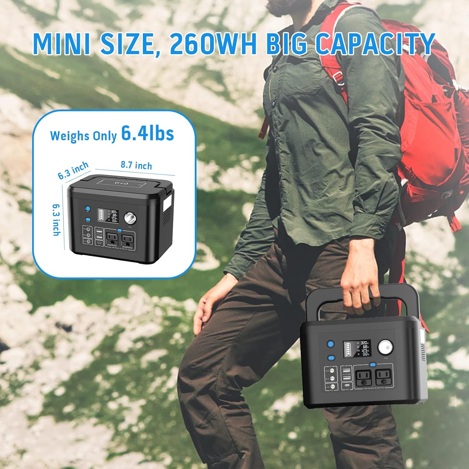 Portable Power Station 350W, 260Wh/70,000Mah Backup Lithium Battery, 110V Pure S