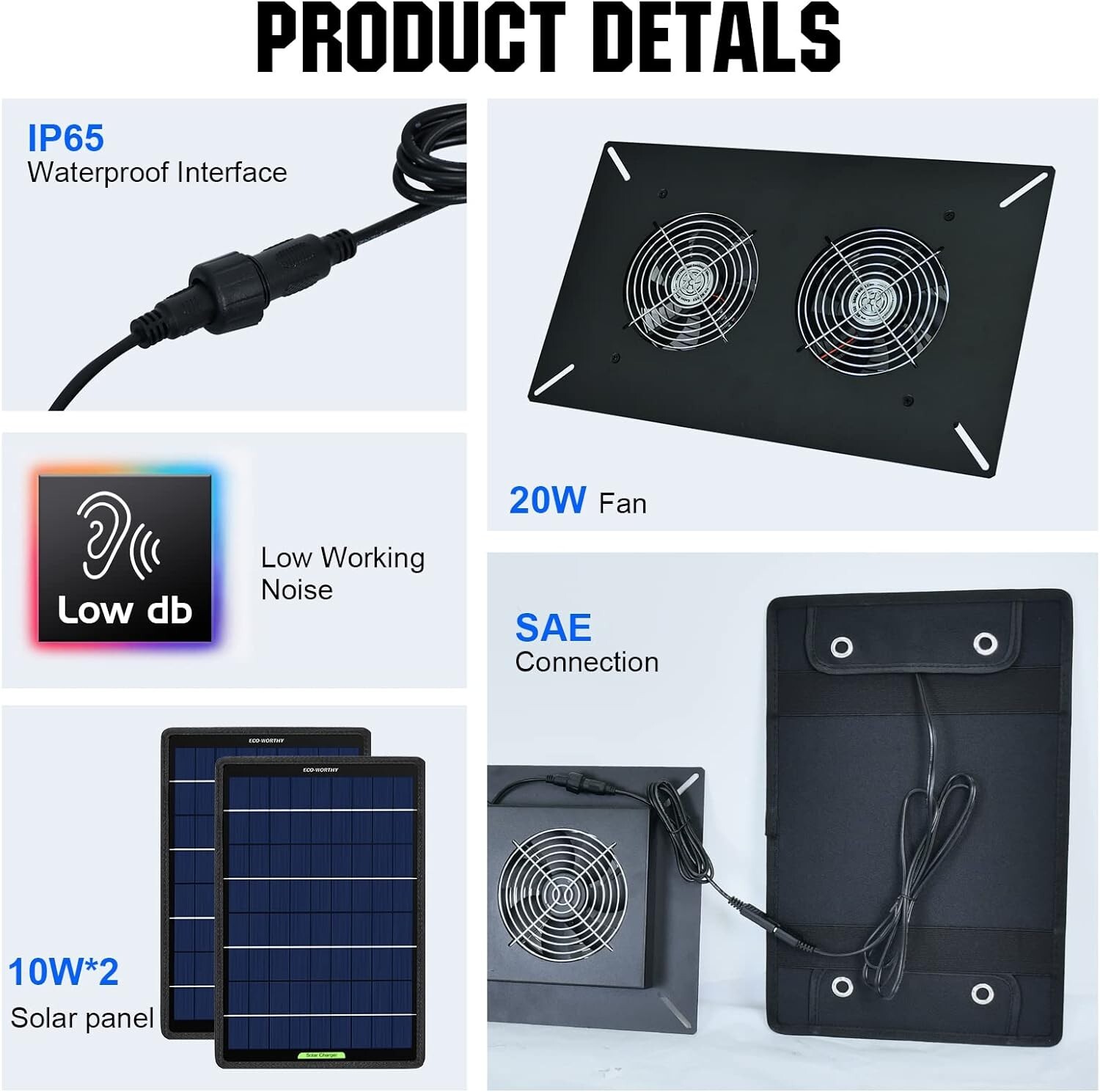 Solar Waterproof Solar Powered Fan Kit, 20W Solar Panel 2 Pcs High Speed DC Brus
