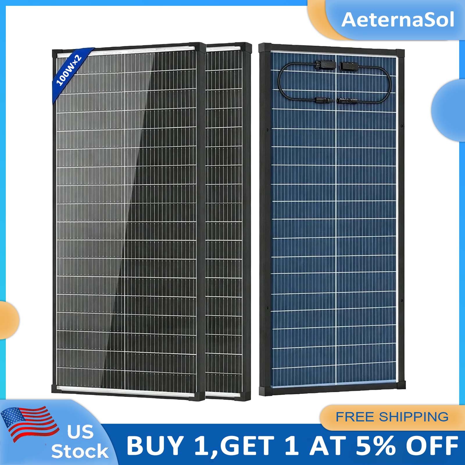 AeternaSol 200W (100W*2) Bifacial Solar Panel N-Type Mono 18V Roof RV Off-Grid