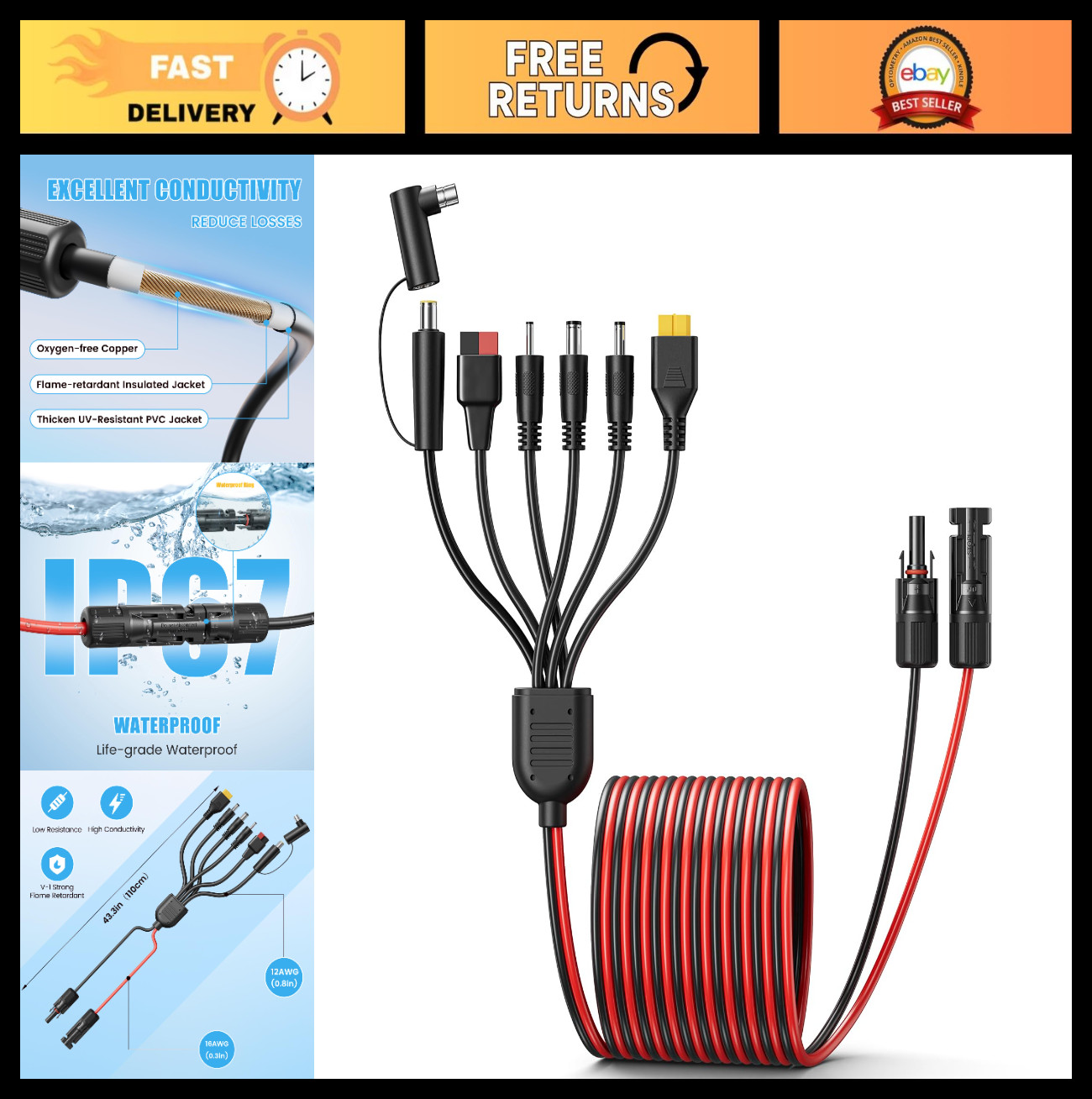 7-in-1 Solar Panel Adapter Kit, 3.6ft 12AWG MC4 to DC 8mm XT60 Anderson Cables,