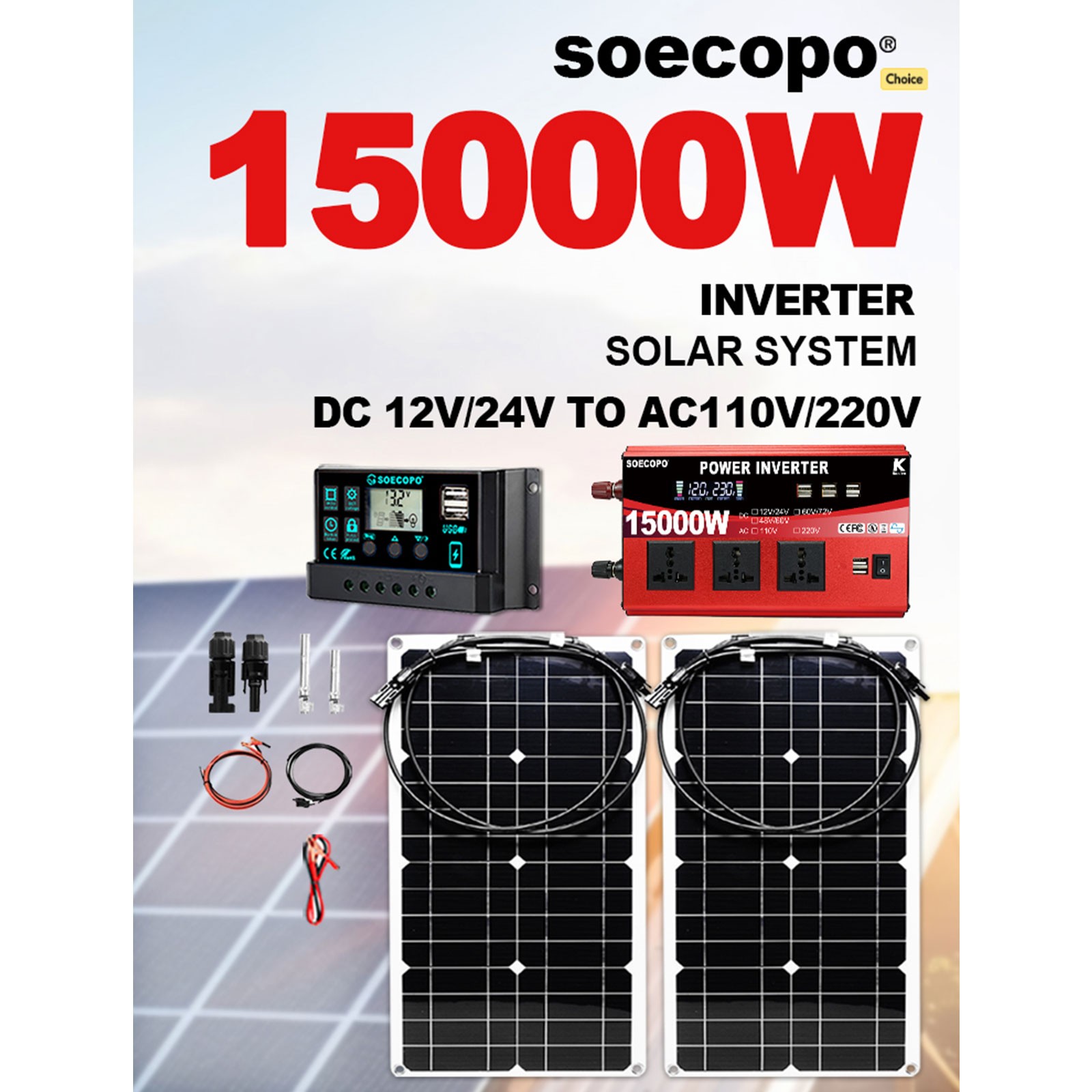 15000W Peak Solar System Kit 2pcs Flexible Panel DC12V/24V AC110V/220V Inverte9z