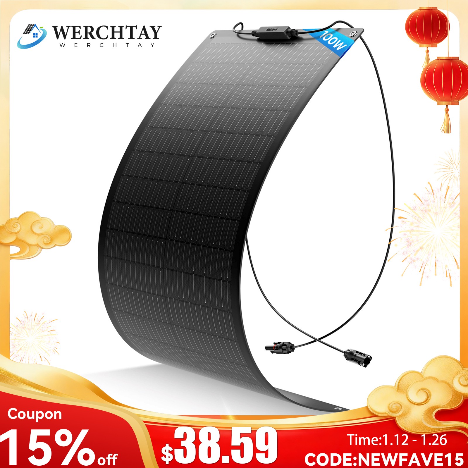 100W Flexible Solar Panel 12V Portable for Camping/RV/Home/Car Battery/Rooftop
