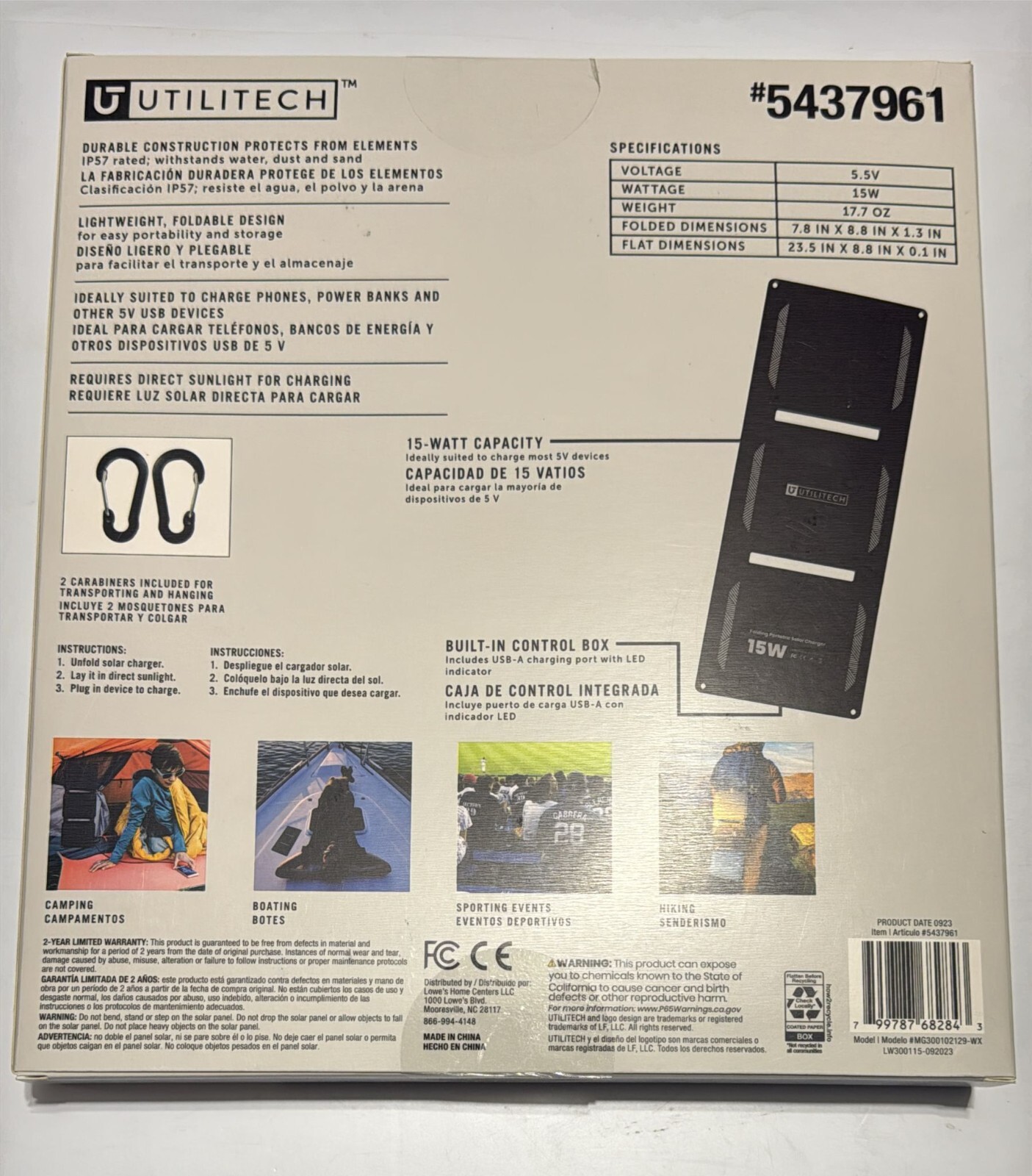 Utilitech 23.5-in x 8.8-in x 0.1-in 15-Watt Portable Solar Panel