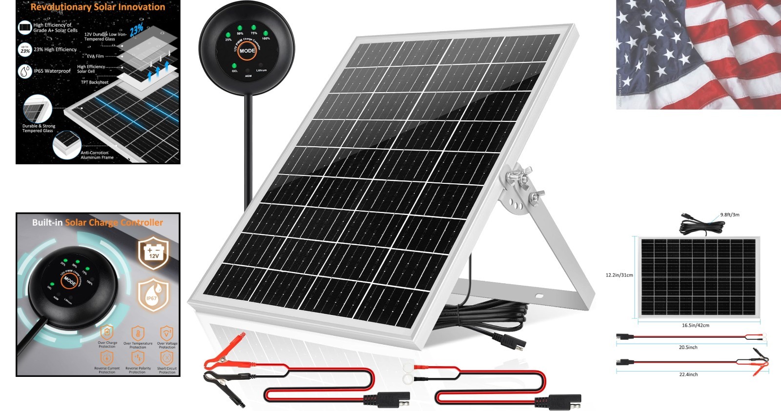 Solar Panel Kit 25W 12V Solar Battery Trickle Charger Maintainer, Built-in Wa…