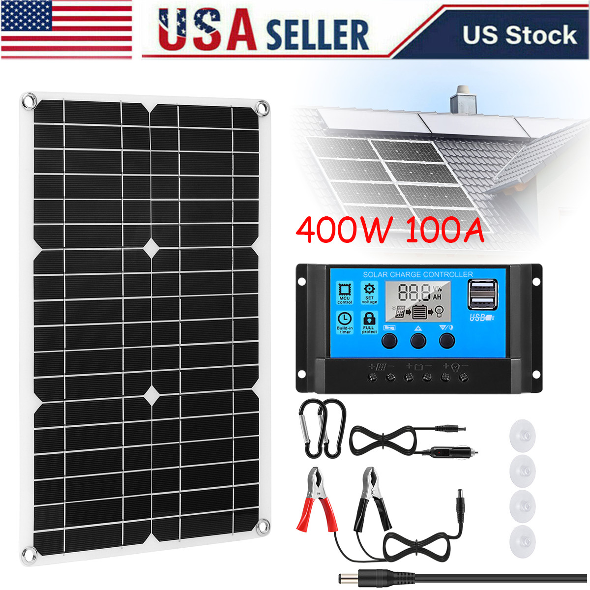 400W Solar Panel Kit 100A 12V Battery Charger Controller for RV Caravan Boat
