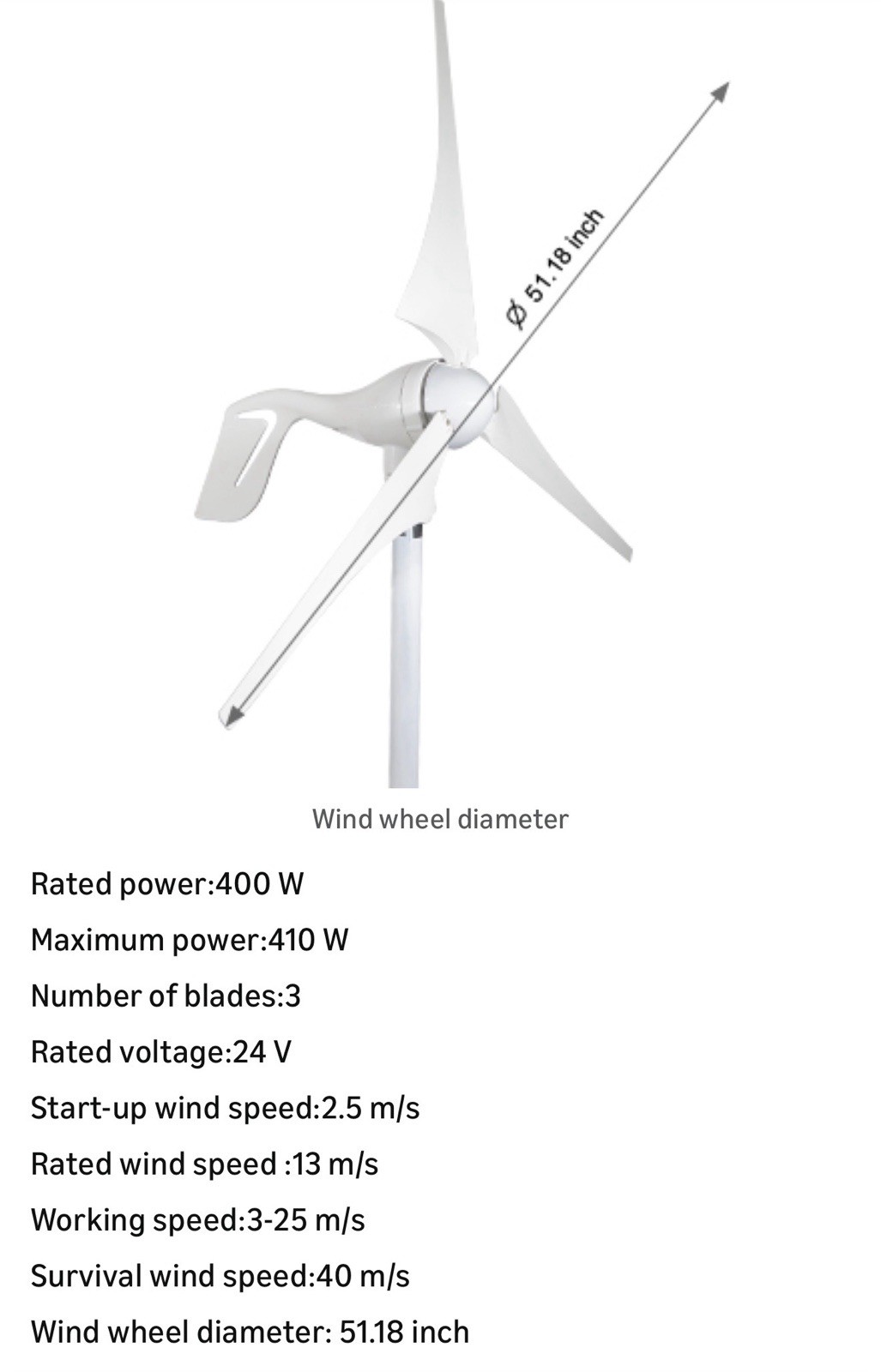 Pikasola Wind Turbine Power Generator 400W 24V – 3 Blade With Charge Controller