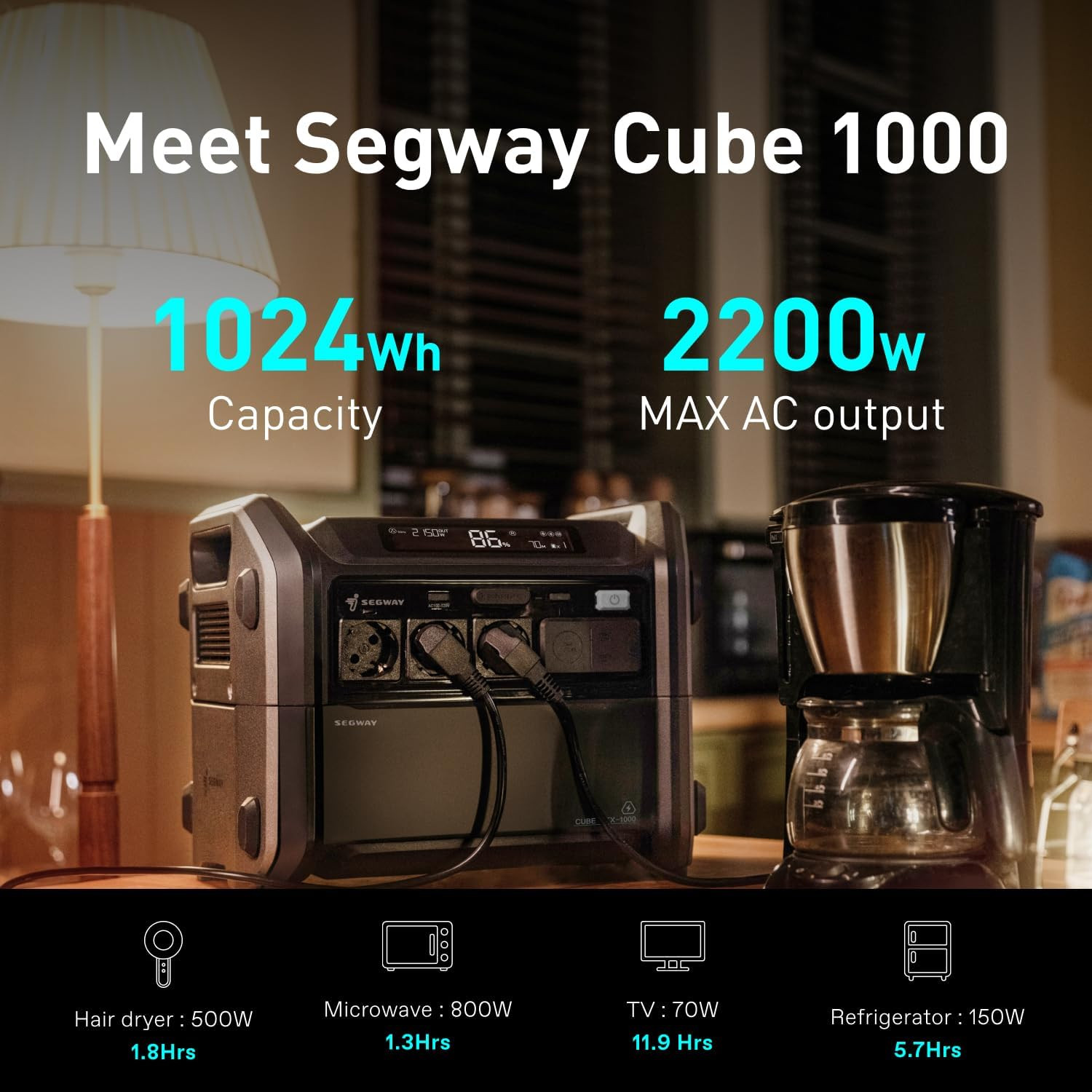 Segway Portable Power Station Cube 1000, 2200W AC Outlets, 1024Wh Lifepo4 Batter